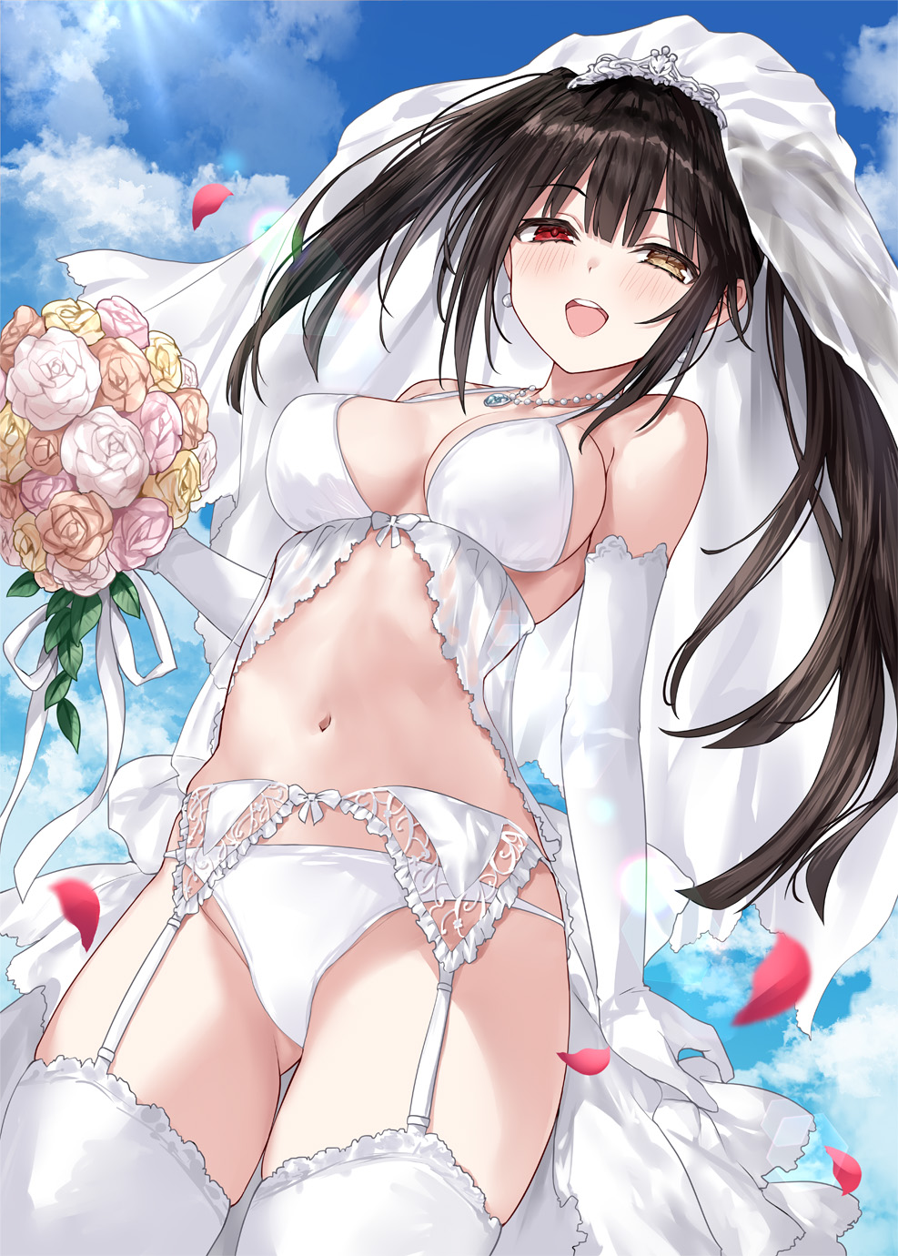 :d, bikini, blush, bouquet, breasts, date a live, female, flowers, garter belt, garter straps, half-closed eyes, holding bouquet, holding object, large breasts, tokisaki kurumi, upper teeth, veil, wedding dress
