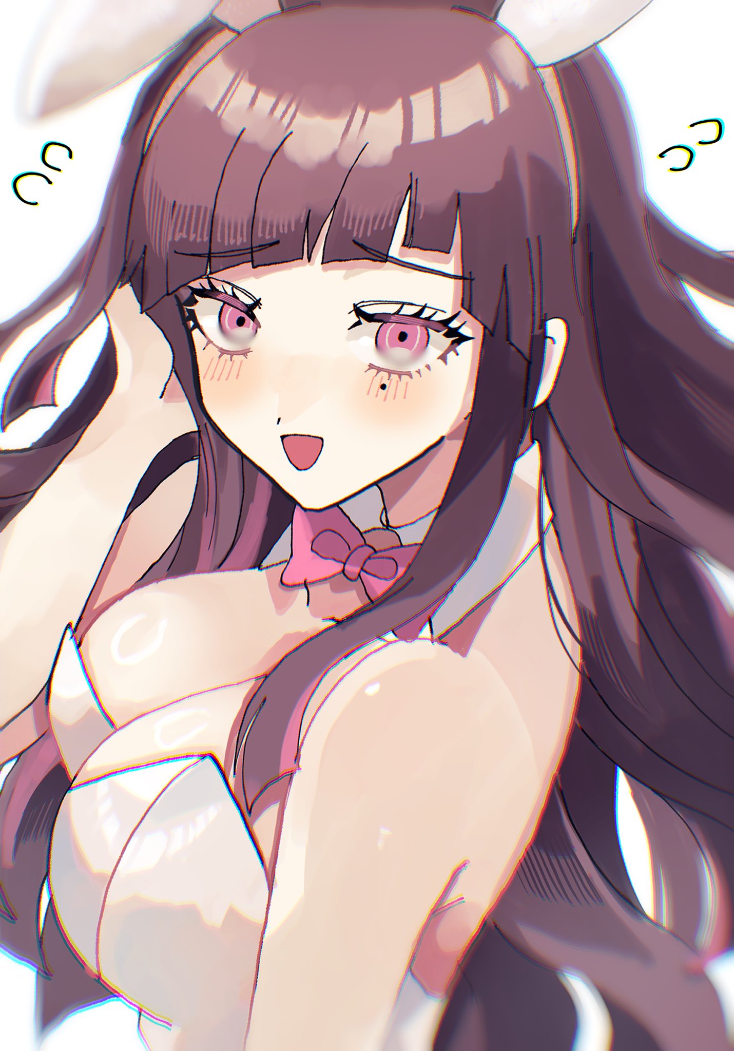 bare shoulders, blush, bow, bowtie, breasts, bunnysuit, danganronpa, danganronpa 2: goodbye despair, female, from side, hakumai (mgmg okomee), highres, large breasts, leotard, long hair, looking at viewer, mole, mole under eye, open mouth, pink bow, pink bowtie, shiny skin, solo, tsumiki mikan, white leotard