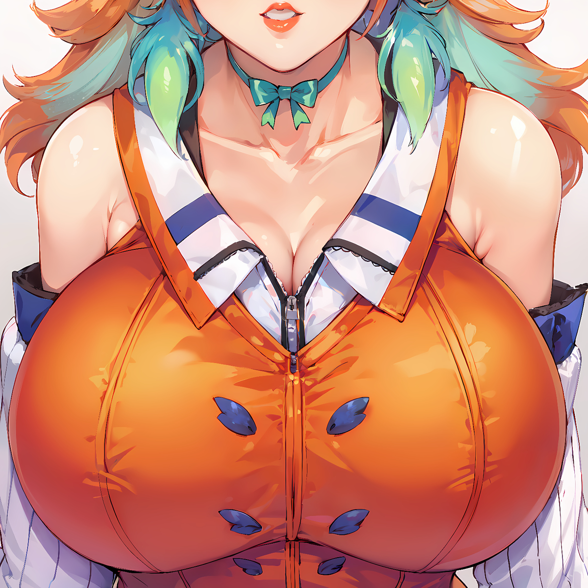 ai generated, alternate breast size, big breasts, breasts, female, gifted11, green hair, green ribbons, hololive, hololive english, hololive myth, huge breasts, orange hair, orange lipstick, ribbon, smiling, takanashi kiara, virtual youtuber