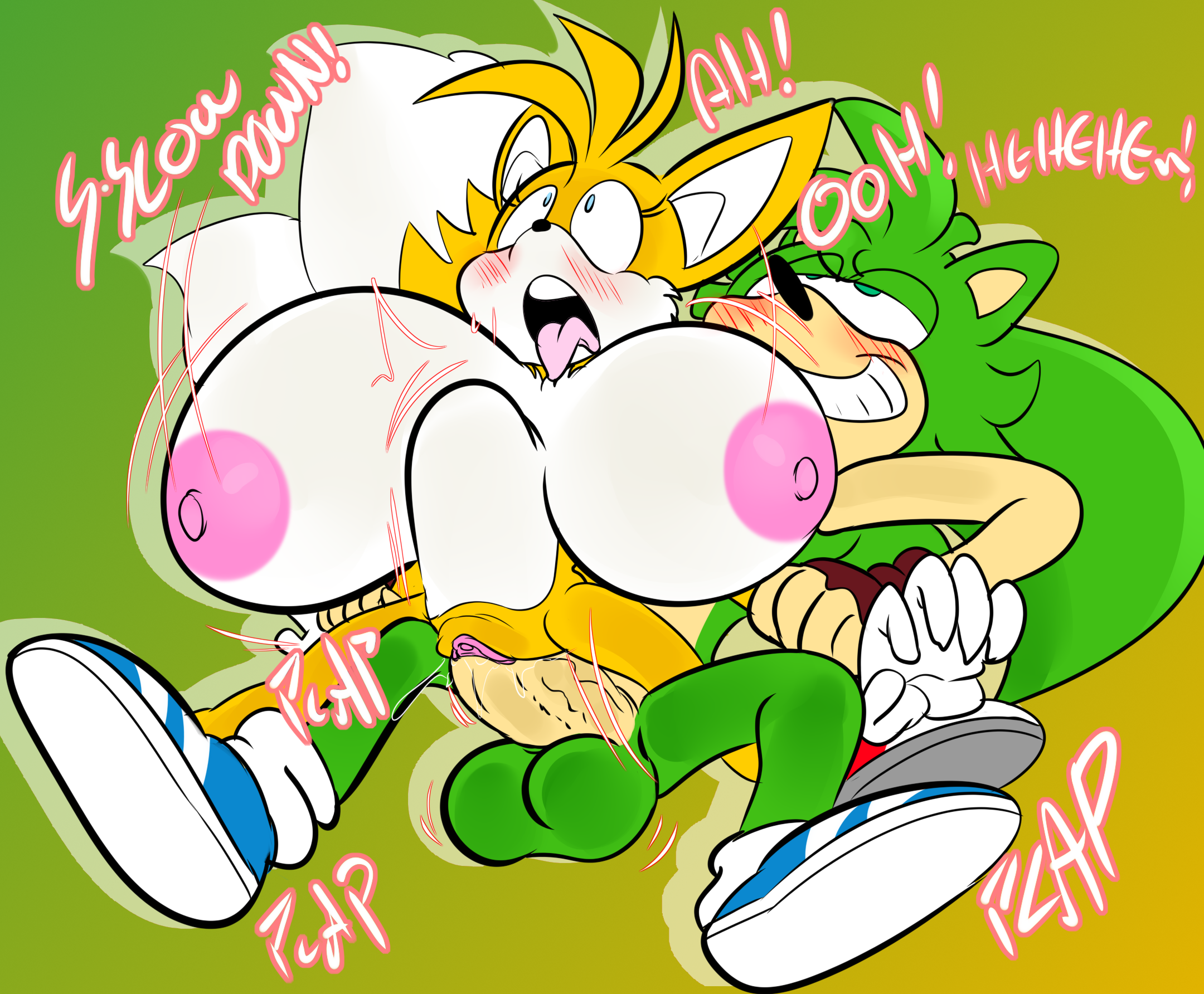 anthro, big breasts, big penis, breasts, canid, canine, clothing, denizen1414, derrick haster, dialogue, duo, eulipotyphlan, fan character, female, fingerless gloves, footwear, footwear only, fox, genitals, gloves, green body, handwear, handwear and footwear only, handwear only, hedgehog, hi res, huge breasts, huge cock, large insertion, male, male/female, mammal, miles tails prower, mostly nude, mtf transformation, nipples, penetration, penis, pussy, rule 63, sega, shoes, sonic (series), sonic the hedgehog (series), sound effects, stomach bulge, tails the fox, tailsko, tongue, tongue out, transformation, vaginal penetration