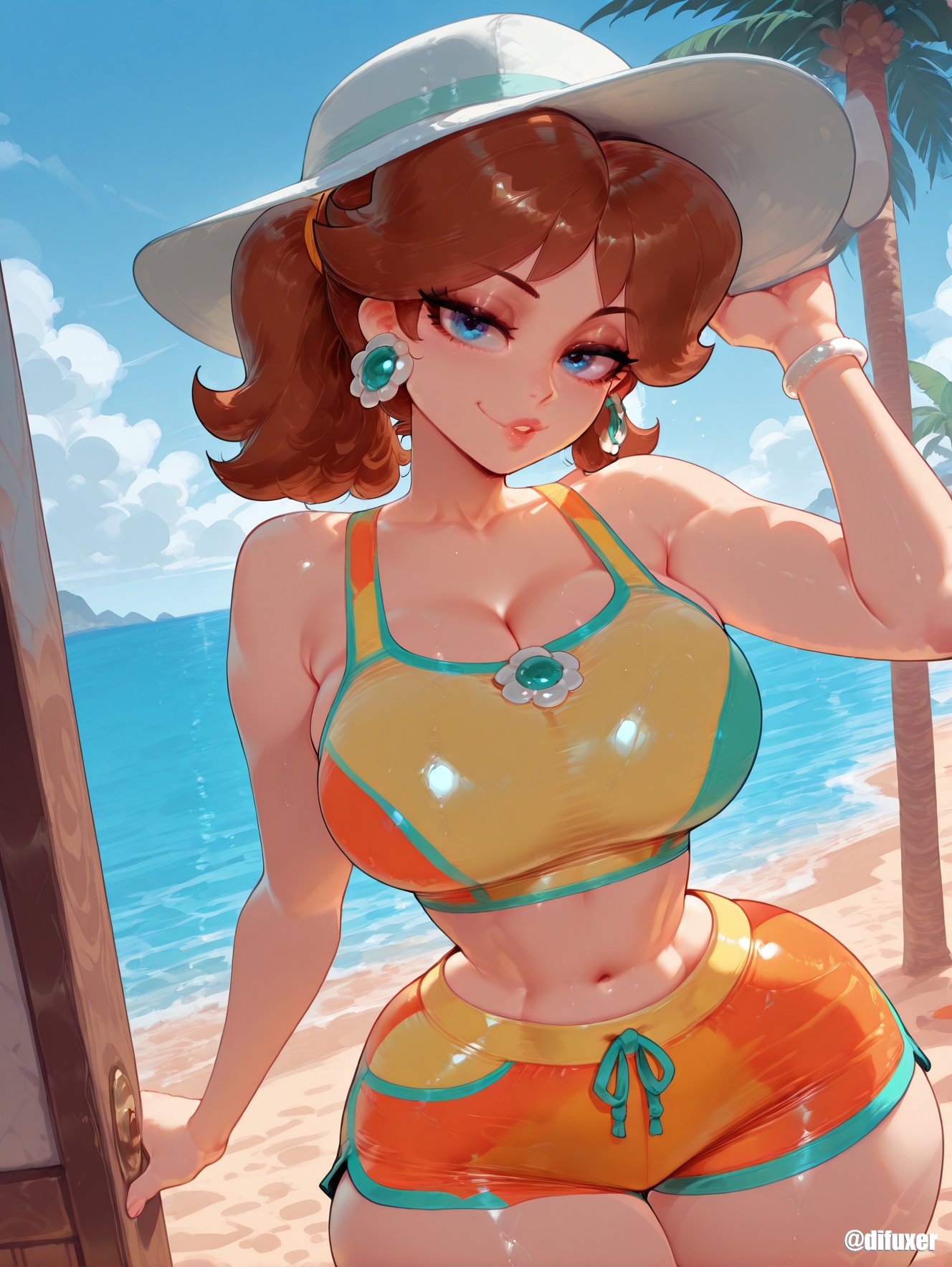 1girls, ai generated, beach, breasts, difuxer, female, female focus, female only, large breasts, light skin, light-skinned female, looking at viewer, mario (series), midriff, princess daisy, solo, wide hips