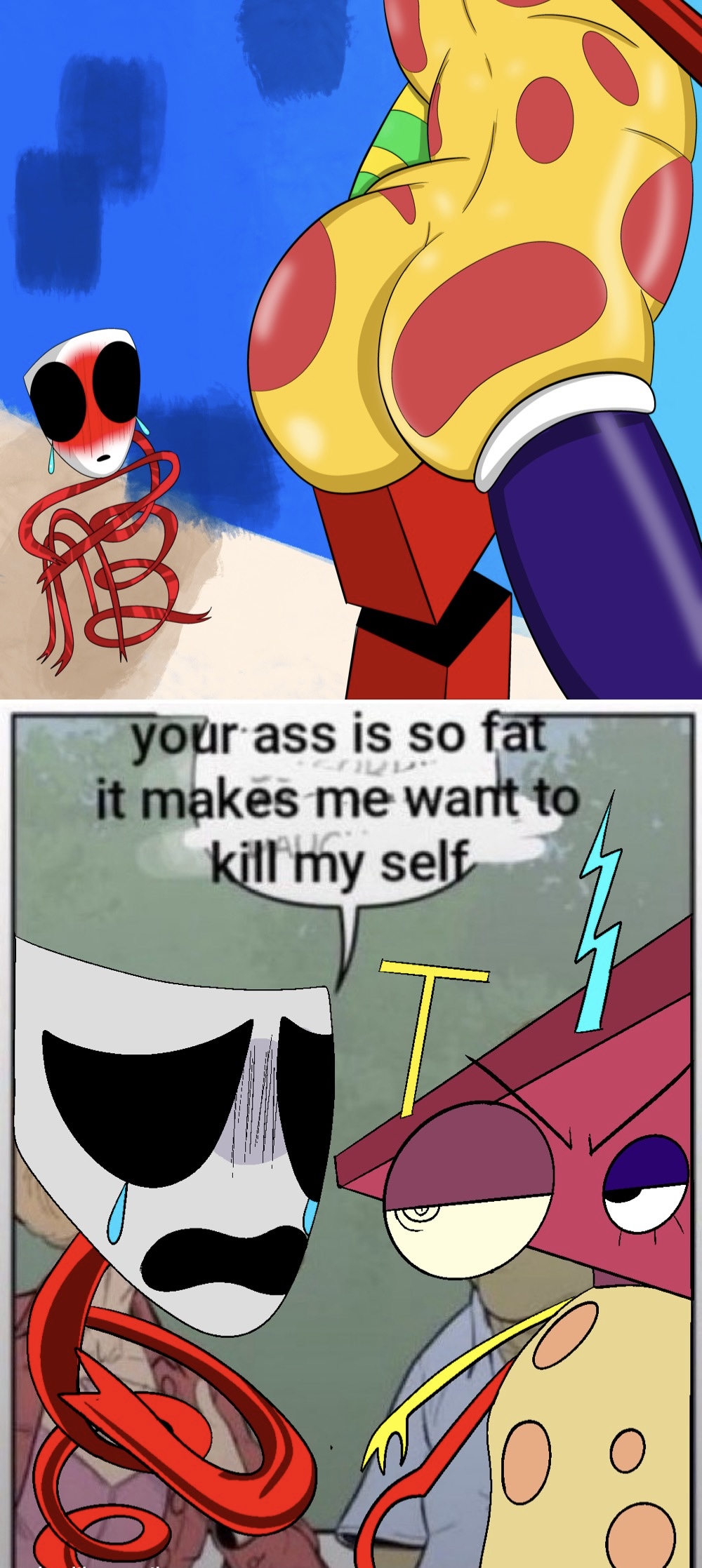 annoyed, annoyed expression, ass, ass focus, blush, fat ass, female, female only, gangle (the amazing digital circus), glitch productions, meme, the amazing digital circus, zooble (the amazing digital circus)
