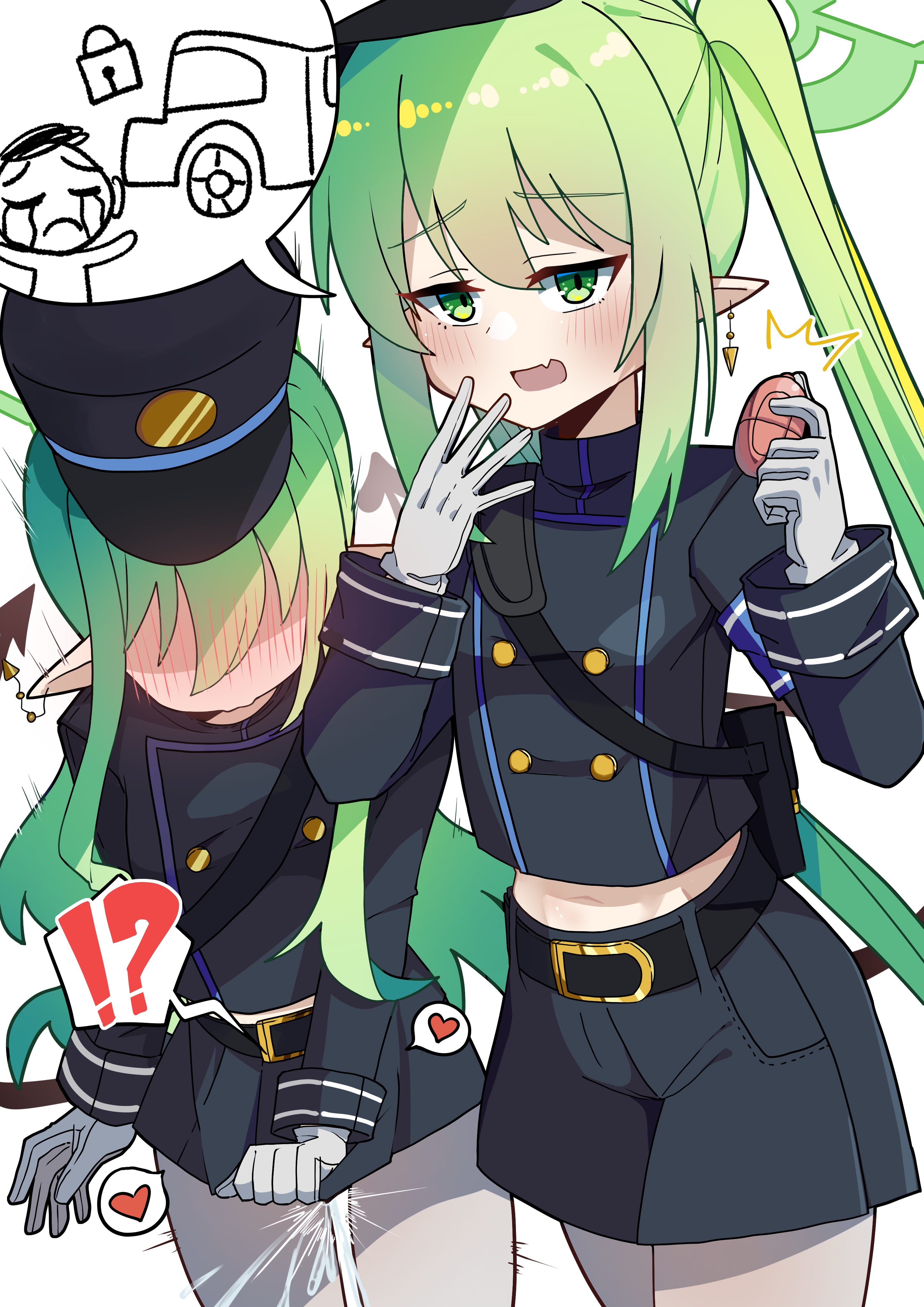 :d, !?, ^^^, 2girls, absurdres, alternate eye color, belt, black belt, black hat, black jacket, black shorts, black skirt, blue archive, blush, buttons, clueless, commentary, cowboy shot, cute fang, demon girl, demon tail, doodle sensei (blue archive), double-breasted, earrings, female, female ejaculation, female masturbation, female orgasm, full-face blush, gloves, green eyes, green hair, green halo, hair between eyes, halo, hands up, hat, heart, highres, hikari (blue archive), jacket, jewelry, lingnerpoi, long hair, long sleeves, masturbation, midriff, miniskirt, motion lines, multiple females, multiple girls, navel, nozomi (blue archive), open mouth, orgasm, peaked cap, pleated skirt, pointy ears, prank, pressing button, pressing remote control, pussy, pussy juice, remote control vibrator, sensei (blue archive), sex toy, shorts, siblings, sidelocks, simple background, sisters, skin fang, skirt, skirt tug, smile, speech bubble, spoken character, spoken heart, tail, tsurime, twins, twintails, very long hair, vibrator, wavy hair, white background, white gloves