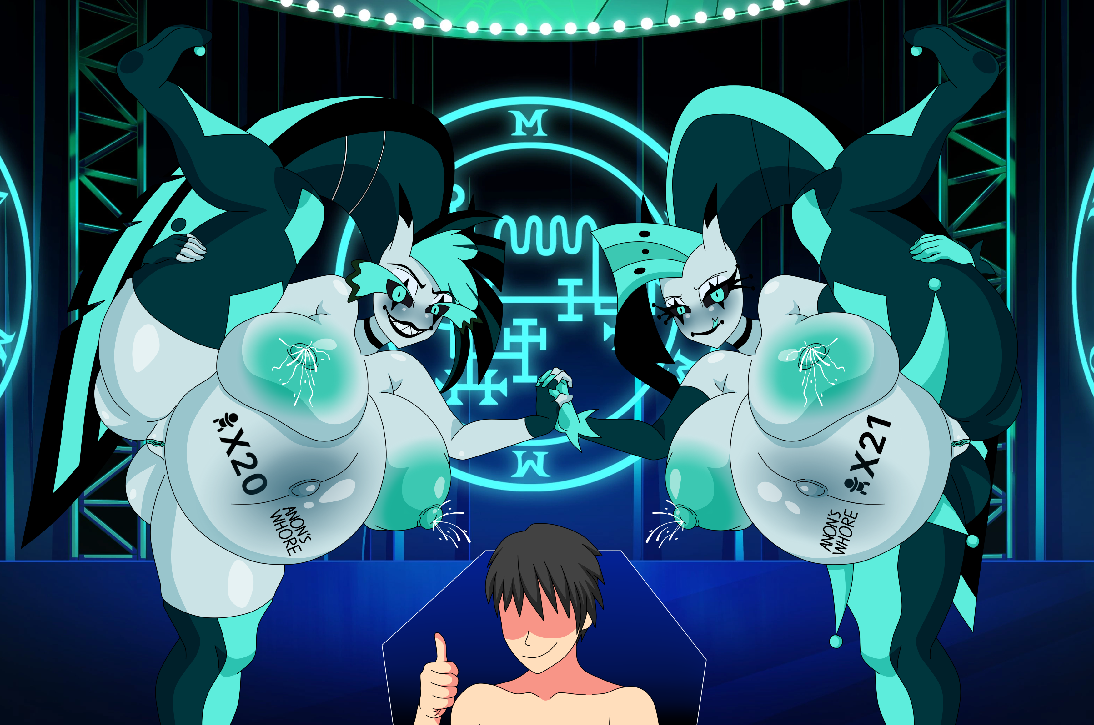 1boy, 2025, 2d, 2girls, anon, anonymous male, black hair, blue background, blue hair, blue theme, breastmilk, breasts, choker, cyan areola, cyan skin, demon, demon girl, eyeless male, female, femsub, fingers interlocked, flexible, glam (helluva boss), glam sisters (helluva boss), glitz (helluva boss), gloves, handholding, hellaverse, helluva boss, holding hands, huge ass, huge breasts, human, human dominating, human dominating humanoid, human on humanoid, humanoid, interspecies, interspecies pregnancy, lactation, legs apart, legs spread, lifting leg, male, maledom, pantyhose, pregnancy tally, pregnant, pregnant belly, pregnant female, presenting pussy, pussy, ready to pop, self upload, sisters, skirt, spread legs, stockings, symmetrical pose, symmetry, thick thighs, thighs, thumbs up, turquoise eyes, turquoise hair, twins, vivziepop, xml xrossover (artist)