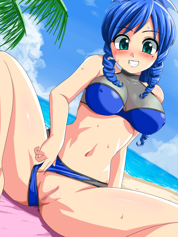 beach bikini bikini_aside blue_hair blush censored drill_hair eyeshadow green_eyes hair happy konpeto long_hair makeup mole ocean pussy sea sea_story see-through sitting smile spread_legs sweat swimsuit swimsuit_aside swimsuit_pull warin