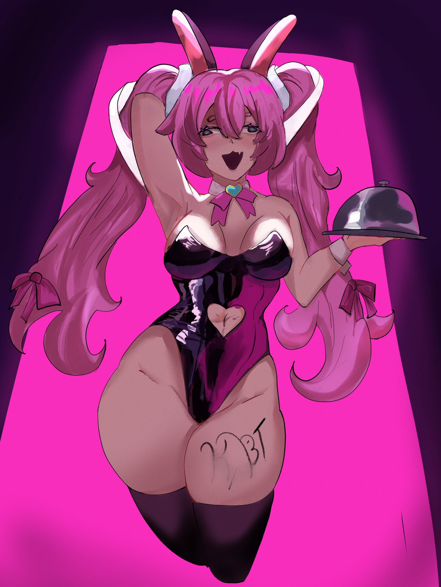 1girls, bunnysuit, chibidoki, female, female only, kabotchan, long hair, pink hair, playboy bunny, silver platter, thigh highs, thighhighs, thighs, virtual youtuber