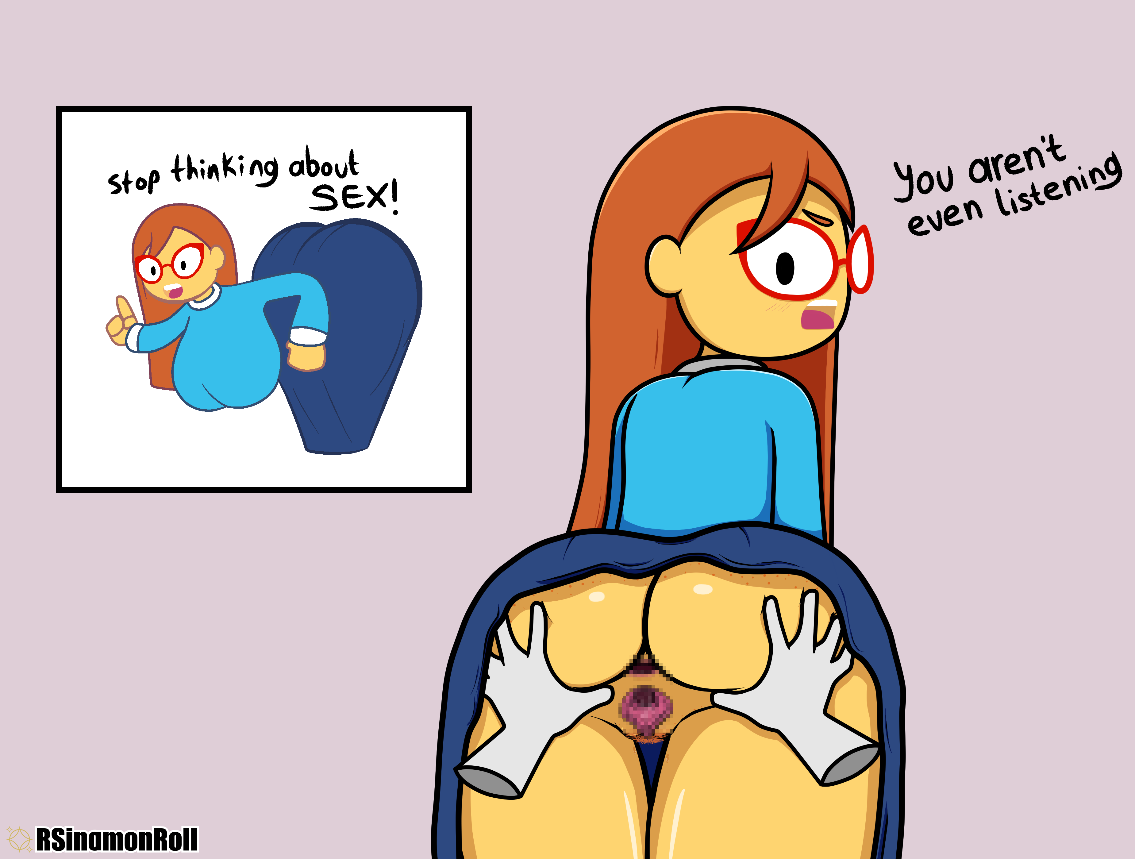 1boy, 1girls, anon, anonymous male, anus, ass, back view, big ass, big breasts, big butt, breasts, butt, clothed, clothed female, clothing, dialogue, disembodied hands, female, glasses, kindergarten (game), kindergarten 3, large ass, large breasts, large butt, long hair, looking at viewer, looking back, male, male/female, ms. lovelett, no panties, no underwear, open mouth, photo (object), picture frame, pussy, pussy spreading, rsinnamonroll, stop thinking about sex, talking to viewer, teacher, text, unseen character, unseen male face