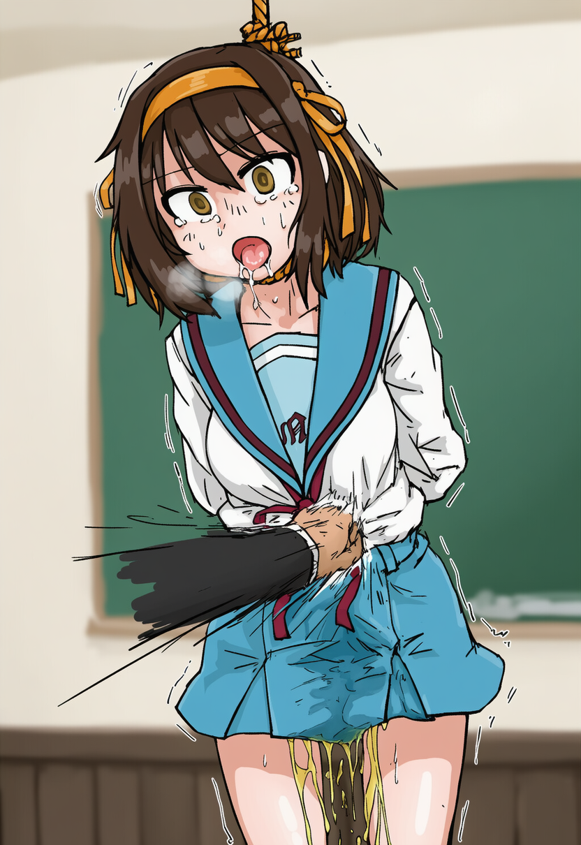 1boy, 1girls, ai generated, arms behind back, asphyxiation, bad end, bondage, brown hair, clothing, defeat, female, hanged, hanging, heavy breathing, imminent death, male, motion lines, noose, open mouth, peeing, punching, punching stomach, rope, ryona, sailor collar, school uniform, serafuku, skirt, solo focus, stomach punch, struggling, suzumiya haruhi, suzumiya haruhi no yuuutsu, tears, tongue, trembling, yellow eyes