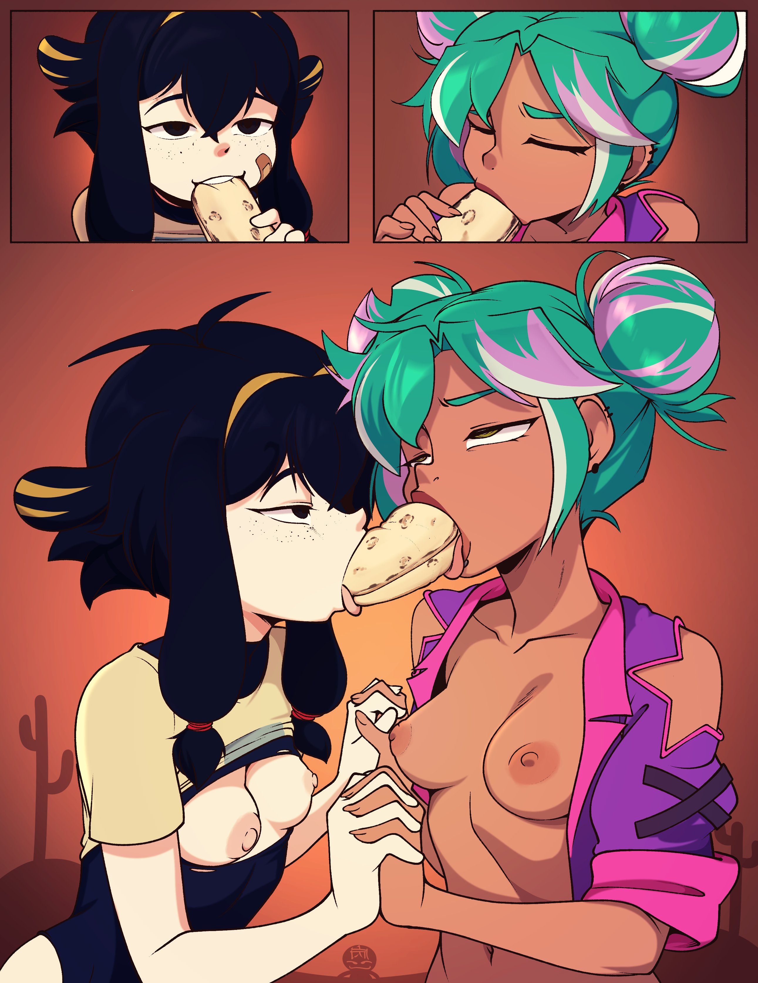 2025, 2d, 2girls, black hair, breasts, burrito, clothing, crack ship, crayonvt, dark-skinned female, donut, eating, eating food, female, female/female, flirtation, food fetish, food play, fuelvt, glasses, green hair, hispanic virtual youtuber, holding hands, jacket, latam virtual youtuber, led pussy, light-skinned female, medium breasts, oral simulation, pussy, sdamhp artist, seductive, short hair, short jeans, sponge cake, tagme, turquoise hair, twitch, underpants, virtual youtuber, vtuber, vtuberfanart, youtube, youtube hispanic, youtuber, yuri
