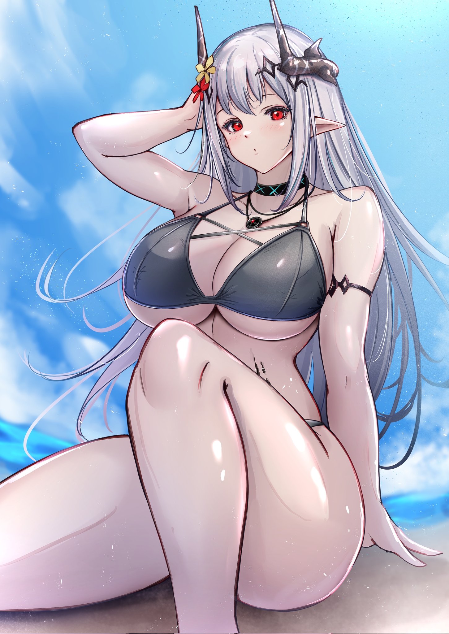 arknights, arm behind head, arm support, ass visible through thighs, bikini, black bikini, blush, breasts, curvy, dot mouth, female, huge ass, huge breasts, mudrock (arknights), narrow waist, poni (poni arknights), thick thighs, voluptuous, wide hips