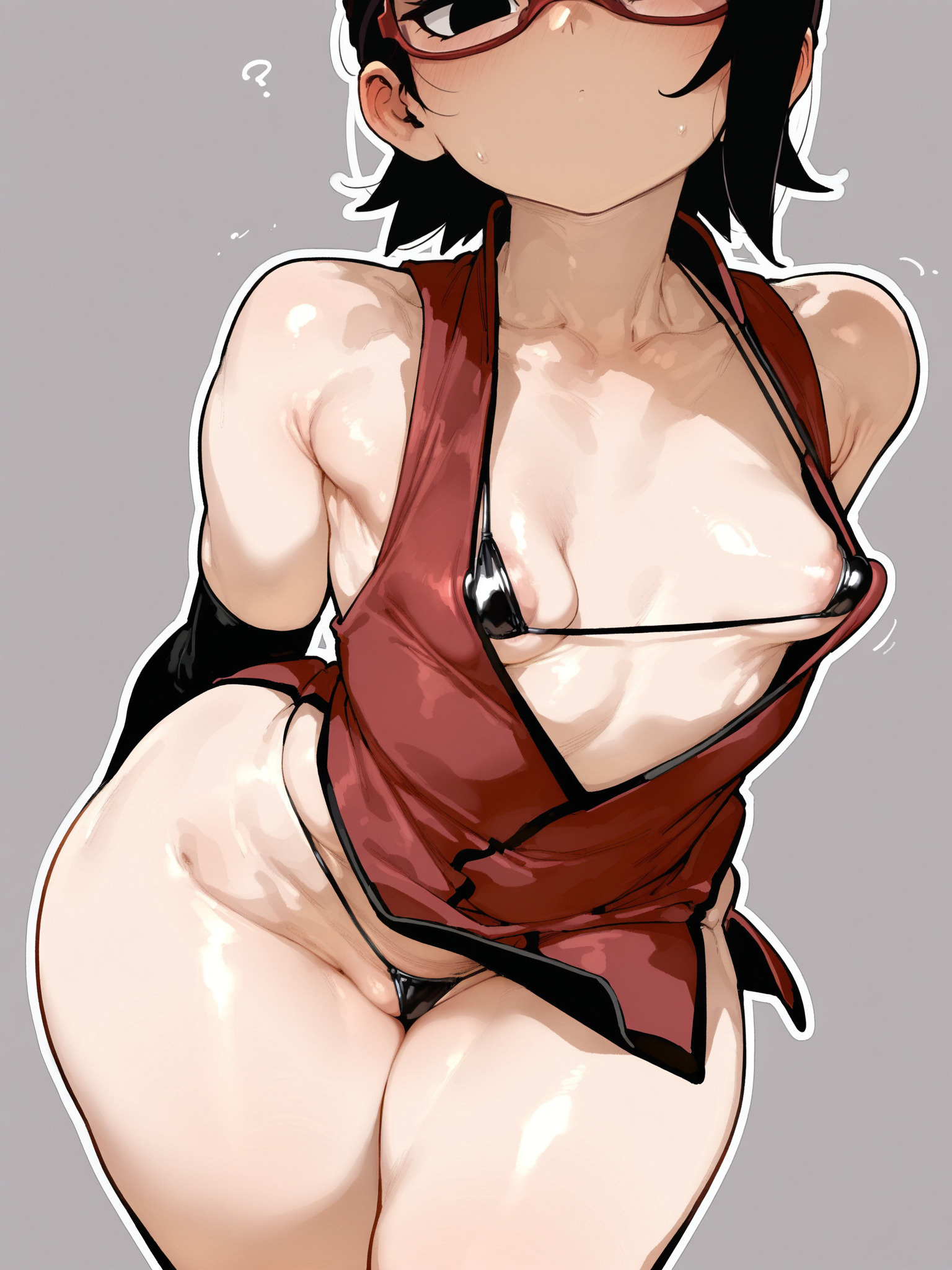 ai generated, big ass, big butt, bikini, black hair, boruto: naruto next generations, curvy, cute, glasses, huge ass, huge butt, naruto (series), oatmealdood, red eyes, sarada uchiha, sexy, sexy body, small breasts, thick, thick ass, thick butt, thick legs, thick thighs, tight clothes, tight clothing, tight fit, tight shorts, tiny breasts, tiny female