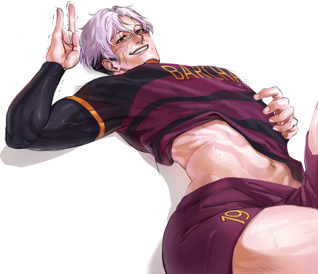 1boy, ass, awkward, awkward smile, big ass, big butt, big thigh, big thighs, blue lock, blush, blush lines, bunny iglesias, color, colored, fat ass, femboy, fingers, gay, lilac hair, male, muscles, pinkpom s (artist), pose, posing, posing for picture, posing for the viewer, red eyes, scar, scar across eye, scar on face, shirt, shirt lift, short hair, short pants, shorts, soccer jersey, soccer player, soccer uniform, solo, solo focus, solo male, sweat, sweatdrop, sweating, thick ass, thick legs, thick thighs, thighs, tremble, tremble spikes, trembling, twink, zesty