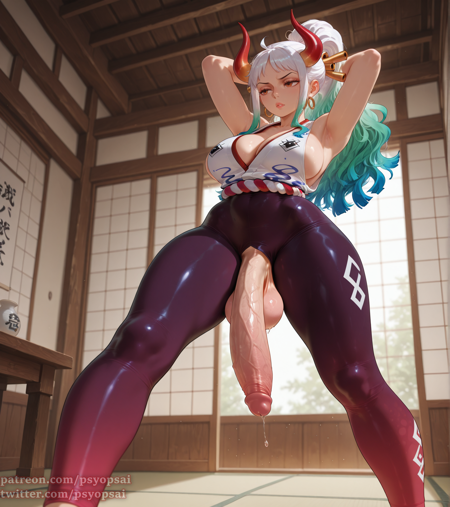 1futa, abs, ai generated, armpits, artist name, big penis, clothed, clothing, cock keyhole clothing, colored, curvy, digital media (artwork), erect penis, erection, from below, front view, futa only, futanari, gym, huge cock, intersex, legs together, long hair, muscles, muscular, muscular arms, muscular futa, one piece, penis, psyopsai, solo, solo focus, stretching, sweaty, thighs, tight clothing, tight fit, uncensored, watermark, white hair, yamato (one piece), yoga pants