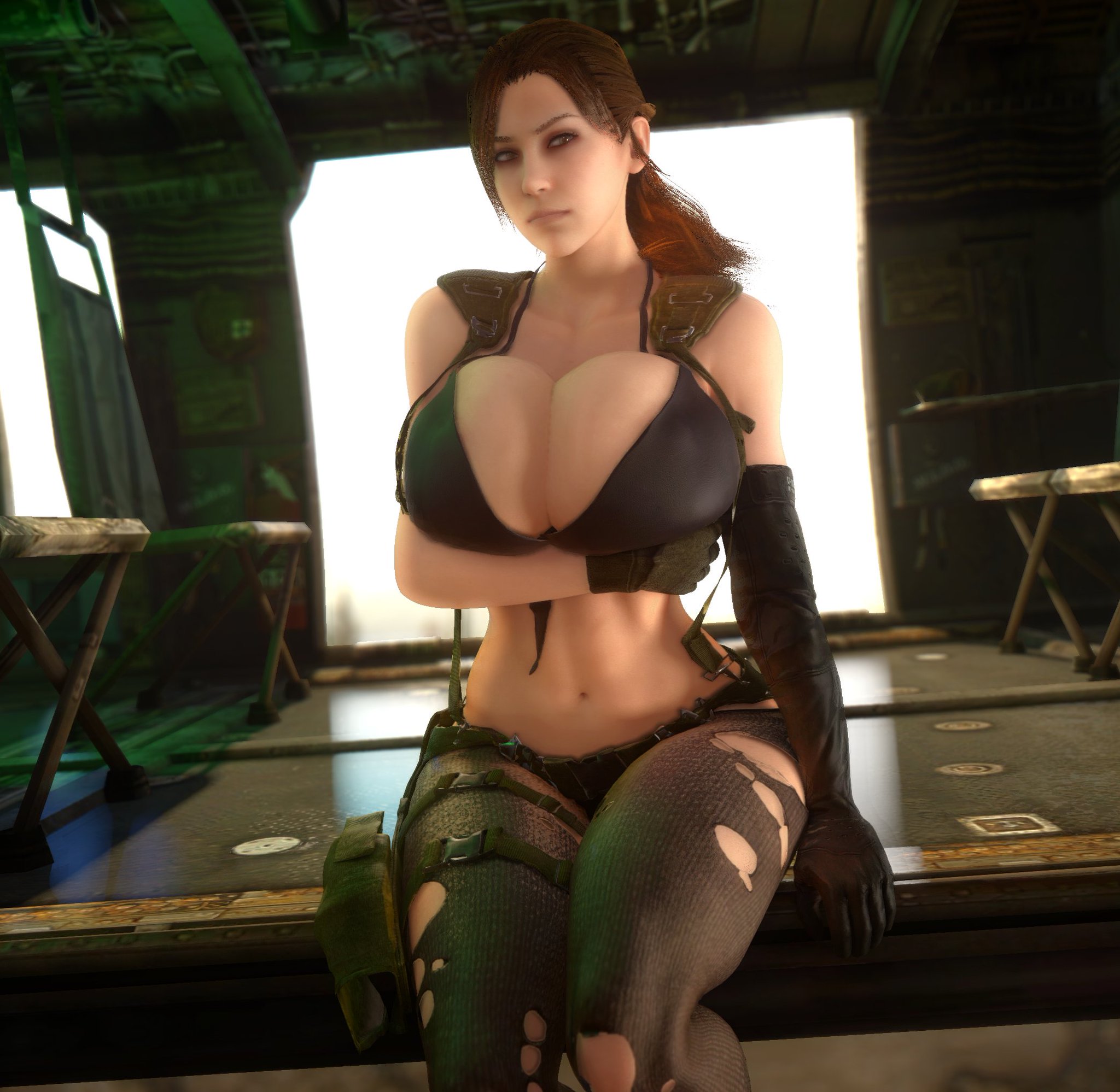 1girls, 3d, 3d (artwork), alternate breast size, arm under breasts, big ass, big breasts, big thighs, breast lift, breasts, curvaceous, curvy, curvy figure, female, female only, front view, ghost lips, gloves, hand under breasts, hi res, high resolution, highres, hips, huge ass, huge breasts, huge thighs, hyper breasts, konami, large ass, large breasts, large thighs, light skin, light-skinned female, metal gear, metal gear solid, metal gear solid v, pantyhose, quiet (metal gear), ripped clothing, ripped pantyhose, sitting, solo, thick, thick hips, thick legs, thick thighs, thigh pouch, thigh straps, thighs, torn pantyhose, vaako, waist, wide hips, wide thighs