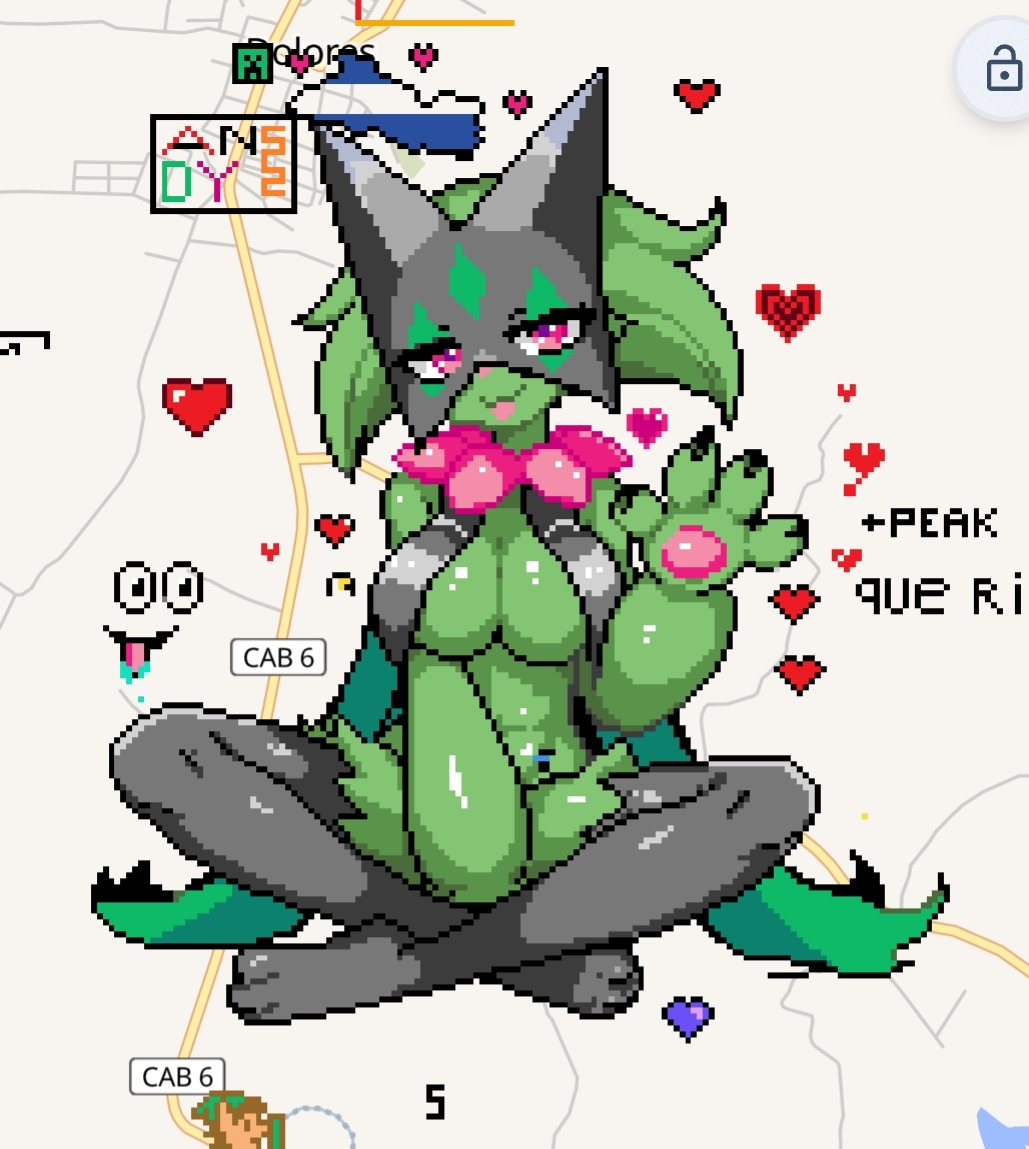 big breasts, breasts, female, heavy breasts, looking at viewer, meowscarada, pixel art, pokemon, pokemon (species), sitting, smiling, wplace