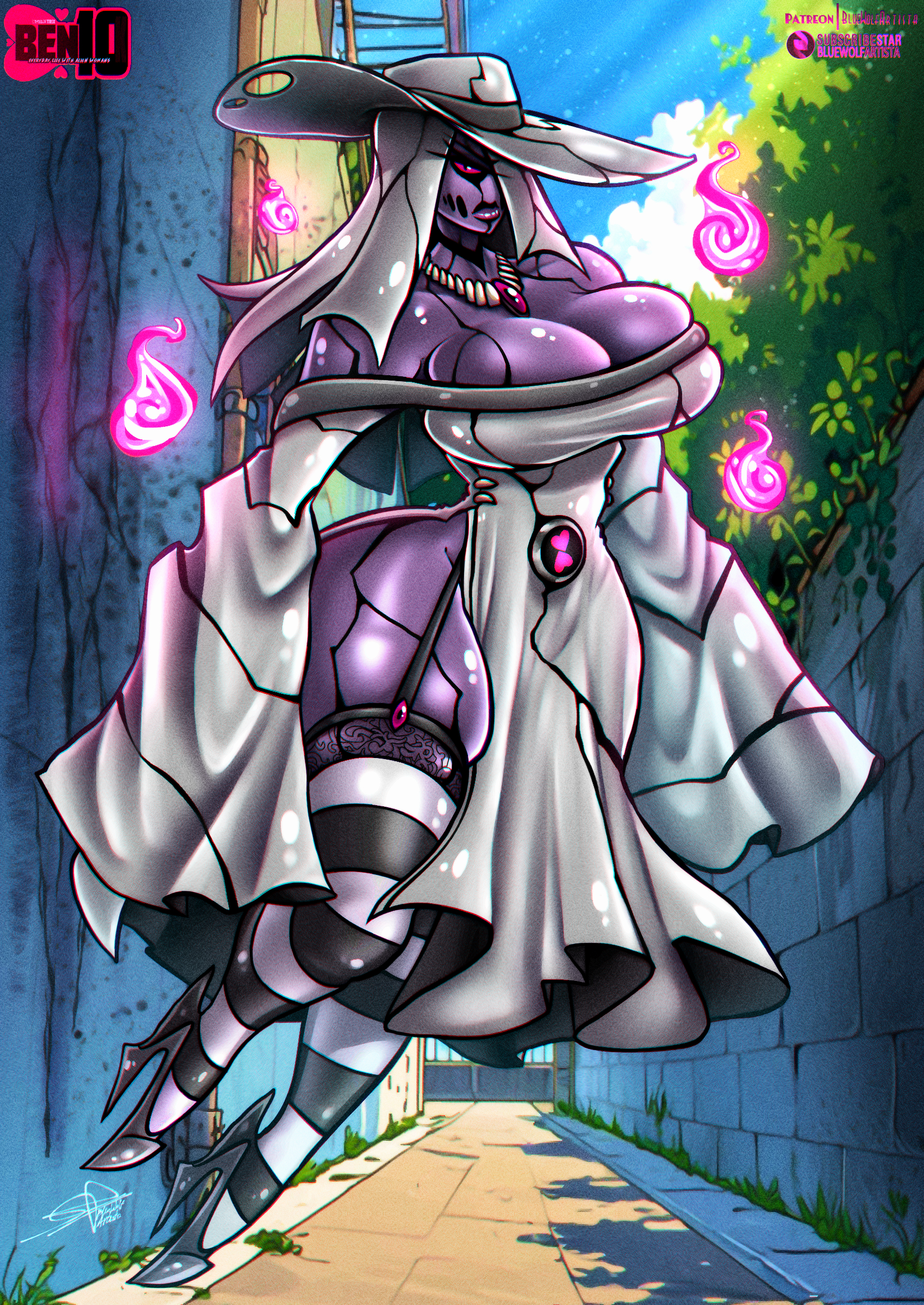 alien, alien female, alien girl, ben 10, big breasts, bluewolfartista, breasts, cartoon network, chaquetrix, ectonurite, female, female only, fire, ghost, ghost girl, ghostfreak, huge breasts, mature female, milf, milftrix, no human, one eye visible, pink eyes, purple skin, sexy, stockings, thick thighs, thighhighs, thighs, white hair, wide hips