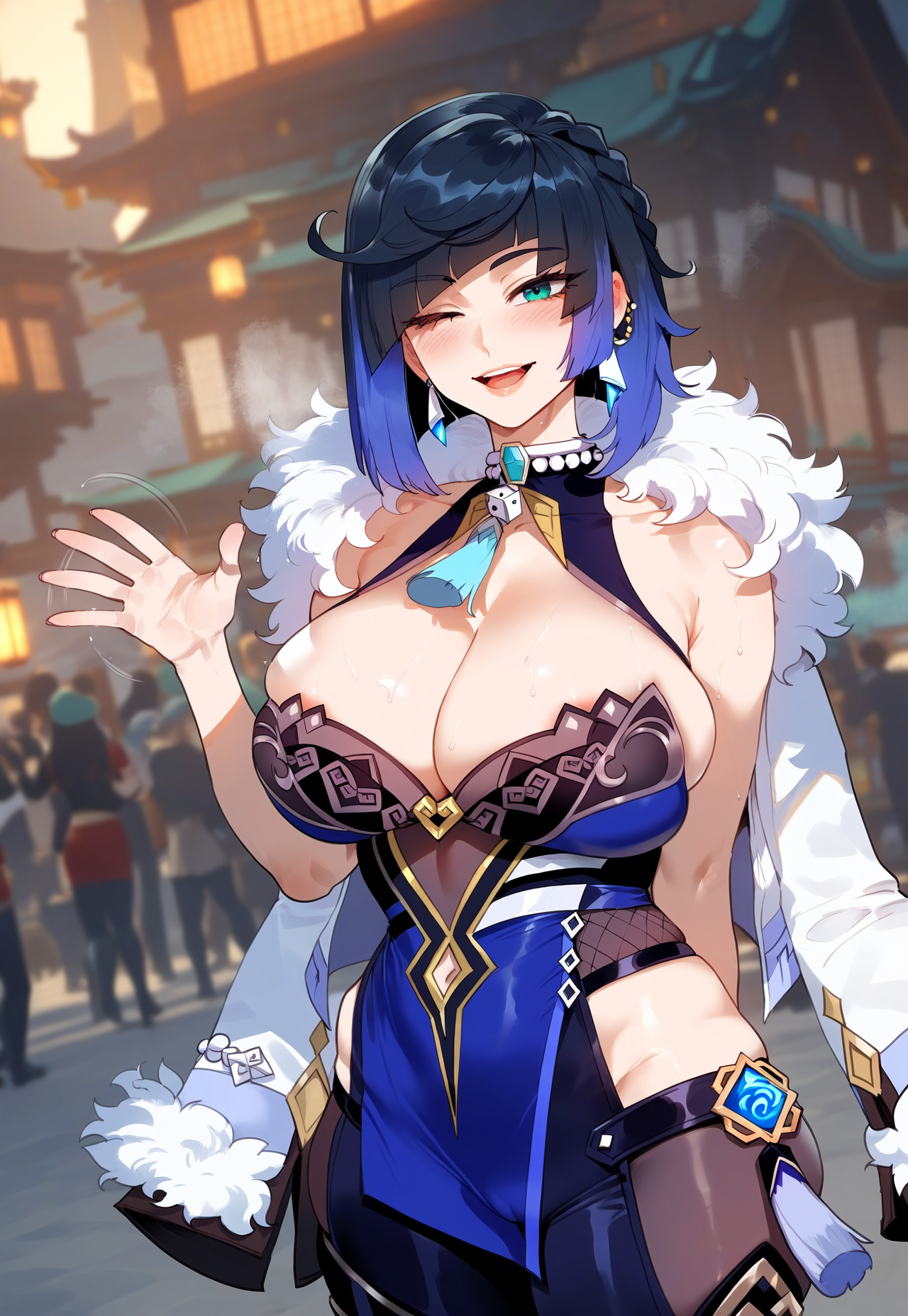 ;d, 1girls, ai generated, architecture, areola slip, arm behind back, bangs, bare shoulders, black hair, black pants, blue dress, blue hair, blush, bob cut, breasts, cleavage, cleavage cutout, clothing, clothing cutout, curvaceous, curvaceous female, curvaceous figure, curvy, curvy figure, diagonal bangs, dice, dress, earrings, east asian architecture, female, female focus, female only, fur trim, fur-trimmed jacket, genshin impact, gloves, gradient hair, green eyes, hip vent, hoyoverse, inviting, jacket, jacket on shoulders, jewelry, large breasts, looking at viewer, miyuai, mole, mole on breast, multicolored hair, neck ring, neck tassel, one eye closed, open mouth, pants, pelvic curtain, presenting, presenting ass, presenting breasts, presenting hindquarters, presenting self, seductive, seductive look, seductive smile, short hair, sleeveless, smile, solo focus, sweat, tassel, thighs, tight clothes, tight pants, two-tone hair, vision (genshin impact), voluptuous, voluptuous female, waving, white jacket, yelan (genshin impact)