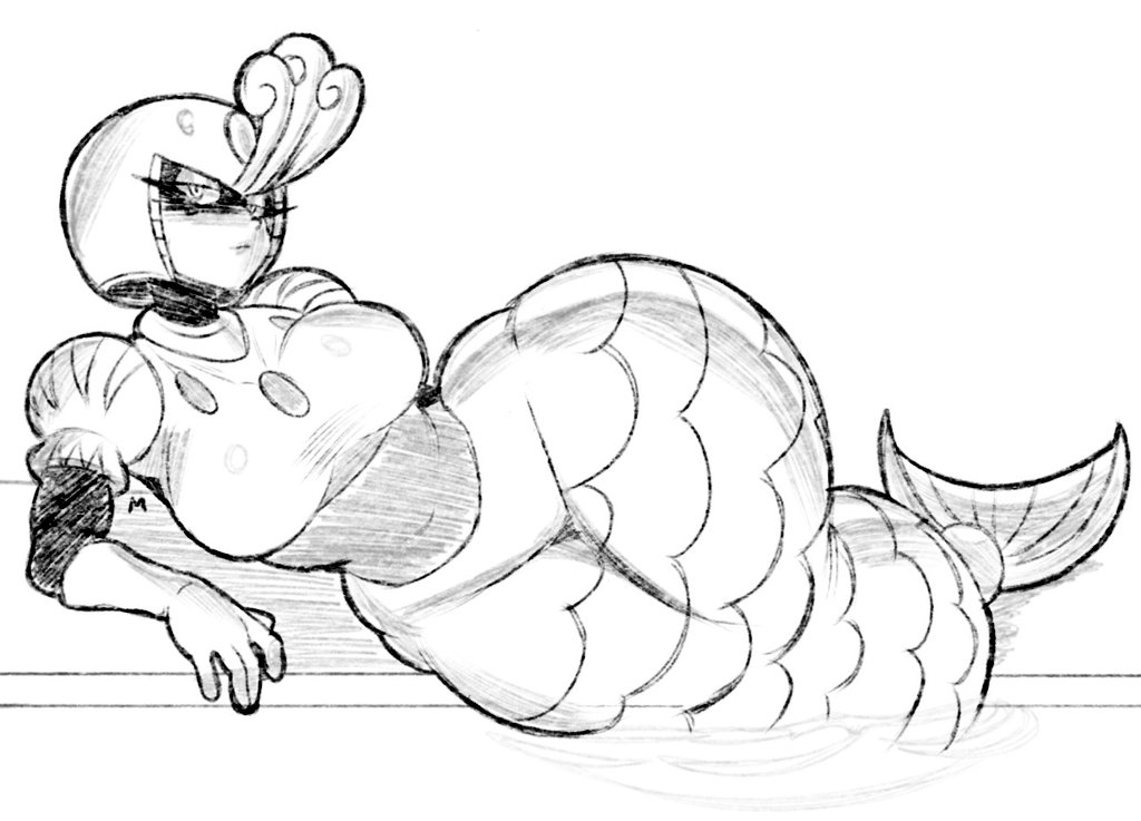 capcom, curvy, fin, helmet, large ass, large breasts, lying, lying on side, mega man, mega man (classic), mermaid, pool, robot master, solo, splash woman, suggestive, suggestive pose, swimming pool, tail