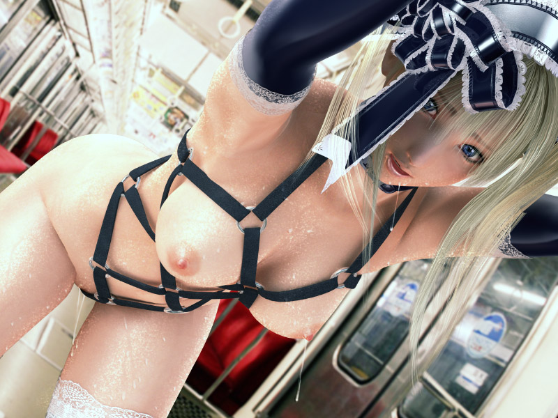 bent_over blonde_hair blue_eyes bondage breasts cum elbow_gloves female female_only harness incise_soul m-rs nipples nude polygon ribbon rukia solo subway sweat thighhighs train_interior