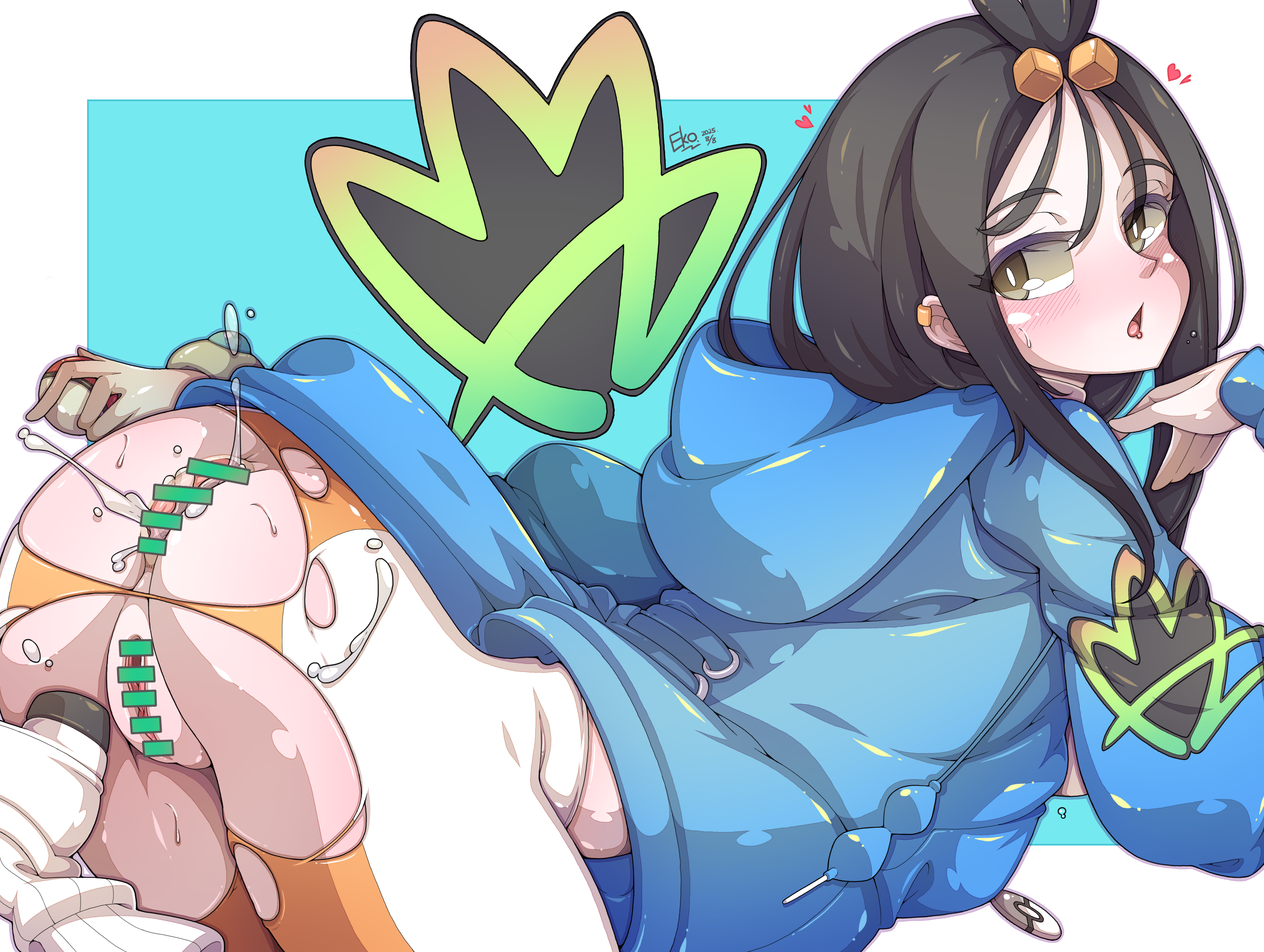 1girls, after anal, after sex, anus, ass, ass focus, bar censor, black hair, blush, brown eyes, censored, clothed, cum, cum in ass, cum inside, duro (pokemon), ear piercing, eko., female, female focus, female only, game freak, heart, leggings, lida (pokemon), looking back, nintendo, open mouth, pokeball, pokemon, pokemon legends: z-a, pussy, solo, solo female, solo focus, thick thighs, thighs, tight clothing, tongue, torn clothes