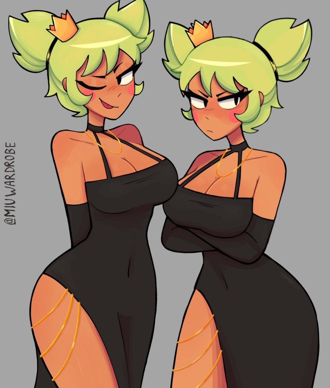black dress, brawl stars, crown, female, gold necklace, mandy (brawl stars), miuwardrobe, sticking out tongue, tanned female