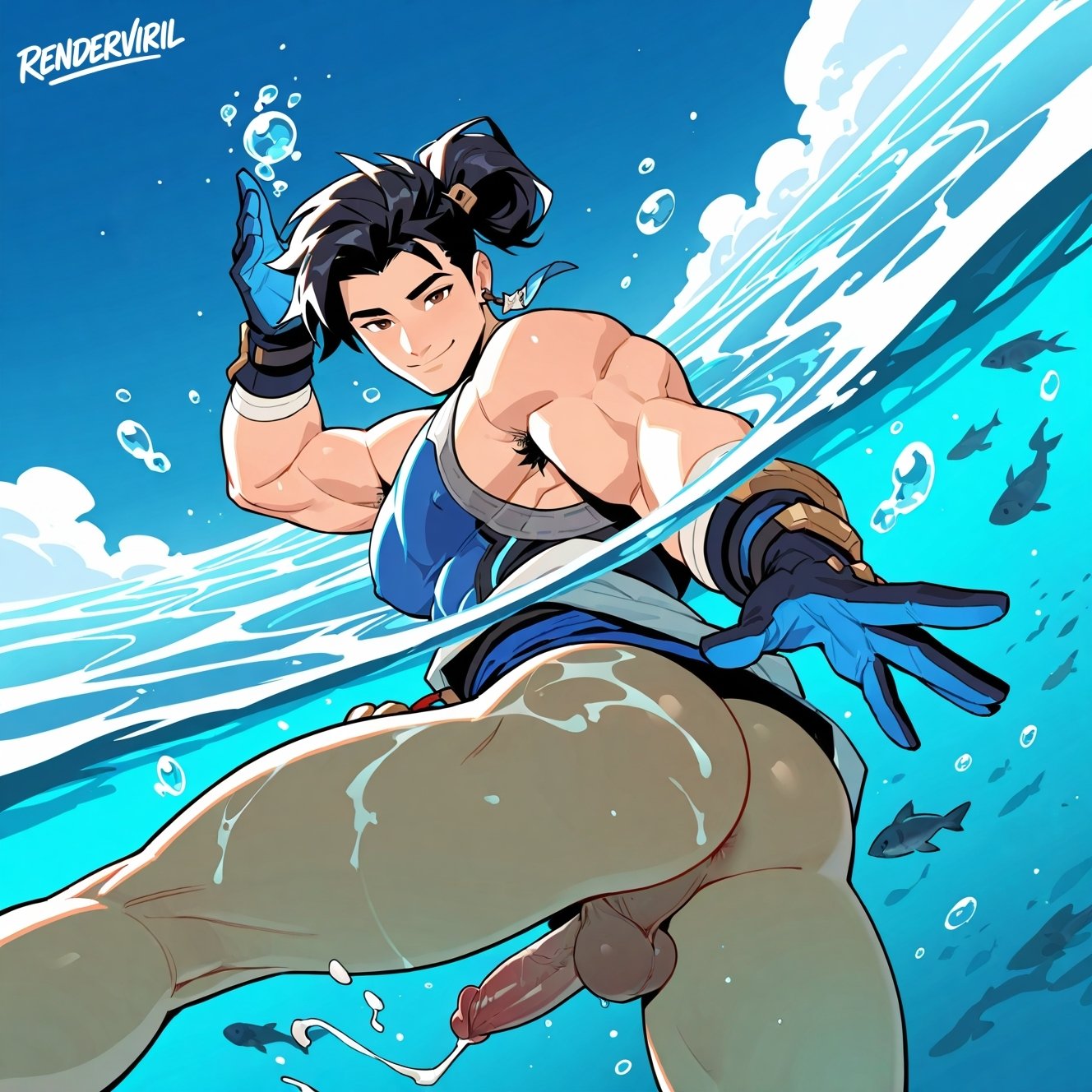 1boy, ai generated, ass, bubble ass, bubble butt, cum, cumshot, dark hair, gay, male, male only, muscle butt, muscles, muscular, muscular male, ocean, overwatch, overwatch 2, twunk, water, wuyang