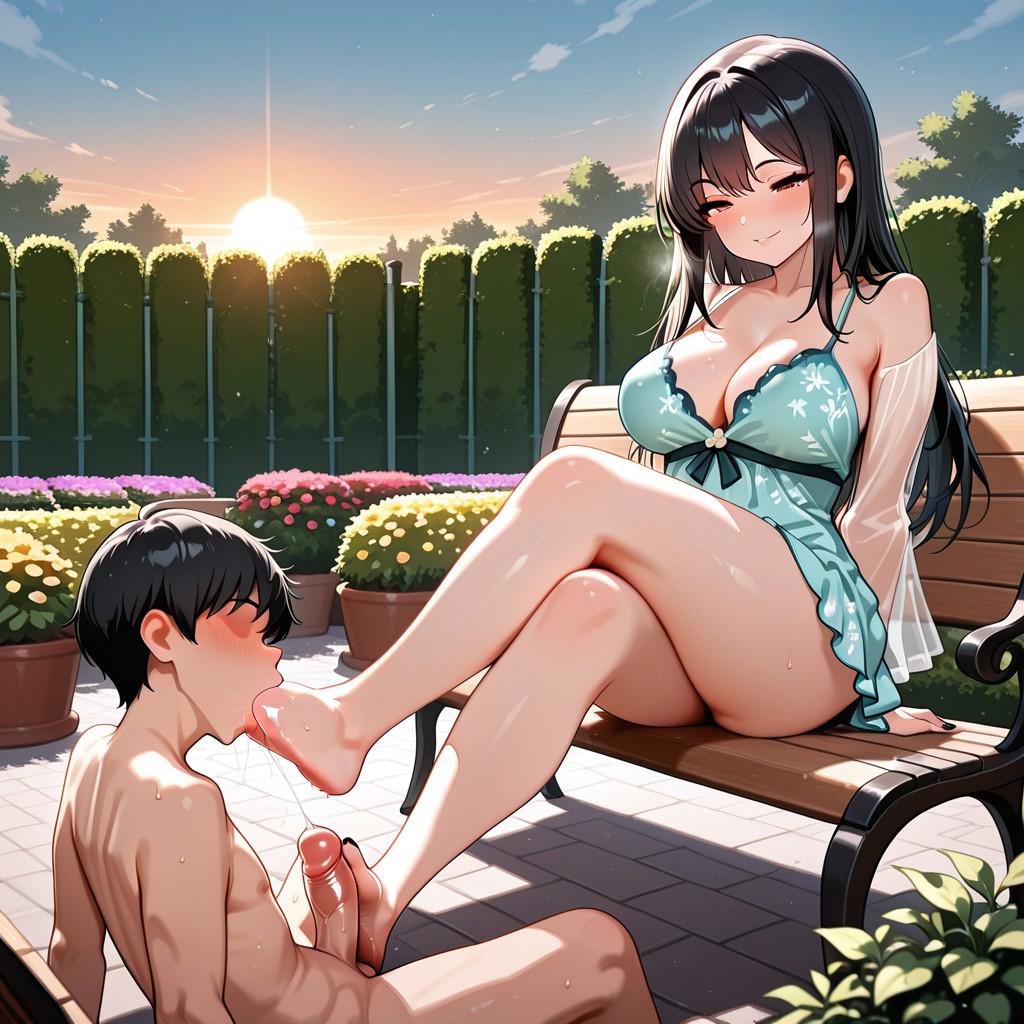 ai, ai generated, ai-created, bench, crossed legs, crossed legs (sitting), crossed legs fetish, feet, feet focus, feet sucking, flower, foot fetish, foot worship, footjob, garden, garden bench, husband, husband and wife, legs, legs crossed, male, on floor, on ground, penis, small penis, wife, wife and husband, wife material, wifey