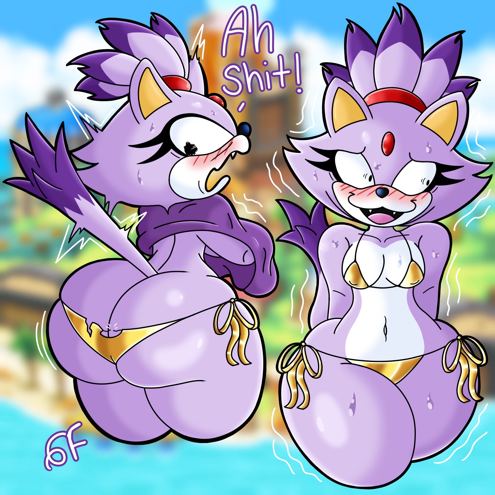 1girls, anthro, ass, ass bigger than head, ass cleavage, ass crack, bare shoulders, bikini, blaze the cat, blush, bomba world12, bottom heavy, breasts, bubble butt, butt crack, collarbone, countershade torso, countershading, eyelashes, female, female only, flat chest, furry, furry only, gem, gem on forehead, gluteal fold, golden bikini, hairband, head tilt, head tuft, hips, hips wider than shoulders, hourglass figure, looking away, looking back, looking down, midriff, mobian (species), motion lines, navel, nervous, nervous smile, nipple bulge, notice lines, purple body, purple fur, raised tail, sega, shaking, small breasts, solo, sonic (series), sonic the hedgehog (series), sweatdrop, tail, tearing clothes, text, thick thighs, thighs, three-quarter portrait, torn clothes, two-tone body, two-tone fur, two-tone hair, wardrobe malfunction, water drop, white body, white fur