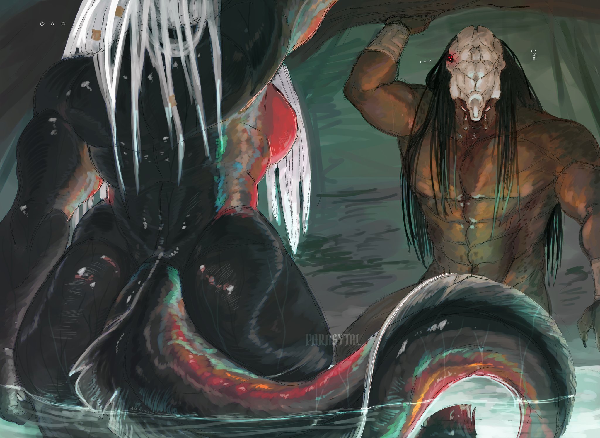 1boy, 1girls, ass, back view, bubble butt, detailed background, dreadlocks, eel, fat ass, female, female yautja, in water, male, massive ass, naked, naked female, parasytal, predator (franchise), skull mask, voluptuous, voluptuous female, white hair, yautja