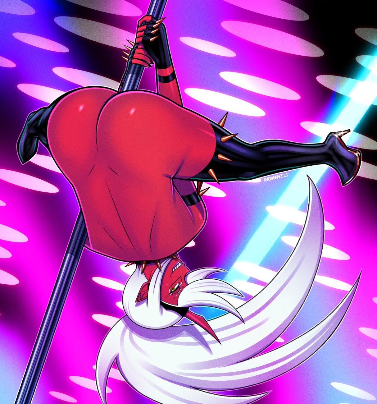 1girls, ass, demon, demon girl, demon horns, demon humanoid, demoness, female, kneesocks daemon, nude, panty & stocking with garterbelt, pole dancing, tagme, walkingdeadmann
