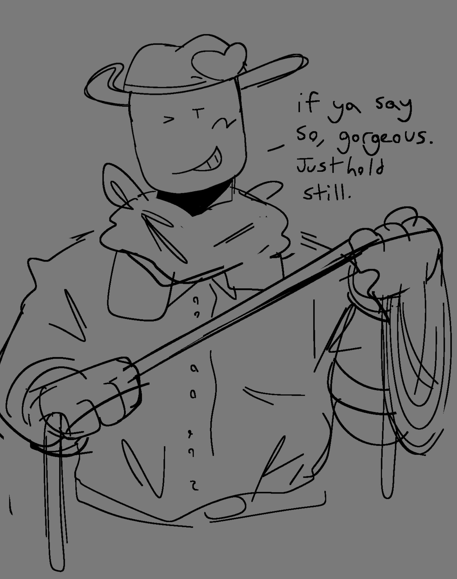 cowboy hat, die of death (roblox), fully clothed, imminent bondage, implied bondage, loveshot (die of death), nonbinary, not porn, popeexoxo, roblox, roblox game, robloxian, rope, self upload, tagme, wink