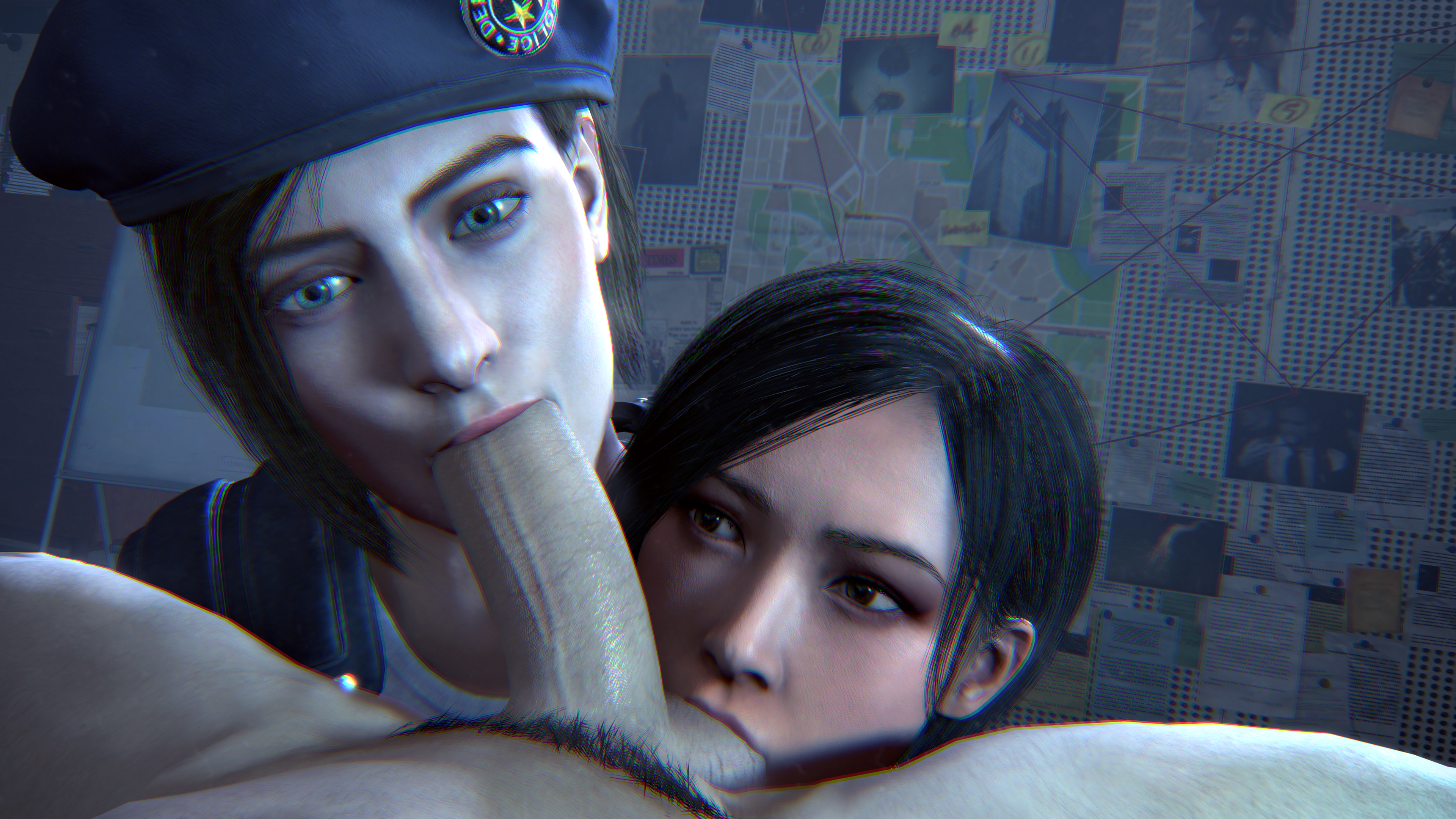 1boy2girls, 2girls1boy, 3d, 3d (artwork), ada wong, balls, balls sucking, big penis, blowjob, blue eyes, female, fully clothed, jill valentine, jill valentine (julia voth), male, penis, resident evil, resident evil 3, resident evil 3 remake, source filmmaker