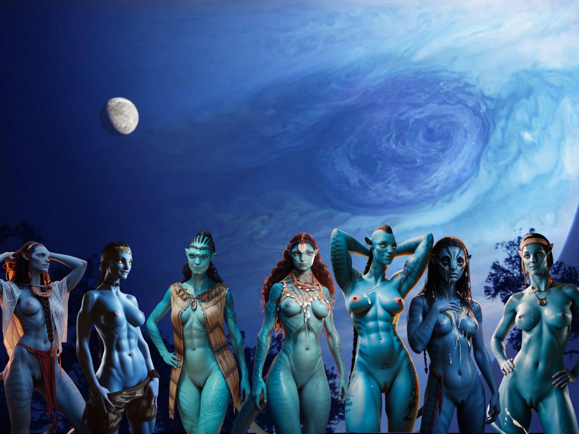 7girls, ai assisted, ai generated, avatar, avatar: the way of water, blue skin, female, female only, grace augustine, istoleurmom1, moat, na'vi, neytiri, recom walker, recombinant, ronal (avatar), ta'unui, tsàhik, yellow eyes, z-dog, zdinarsk