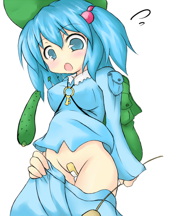 backpack bag bandaid bandaid_on_pussy blue_eyes blue_hair bottomless cattail_(plant) cucumber hat key maebari nitori_kawashiro no_panties open_mouth pants_down plant plaster randoseru scplanes shocked short_hair simple_background skirt skirt_pull solo standing touhou white_background