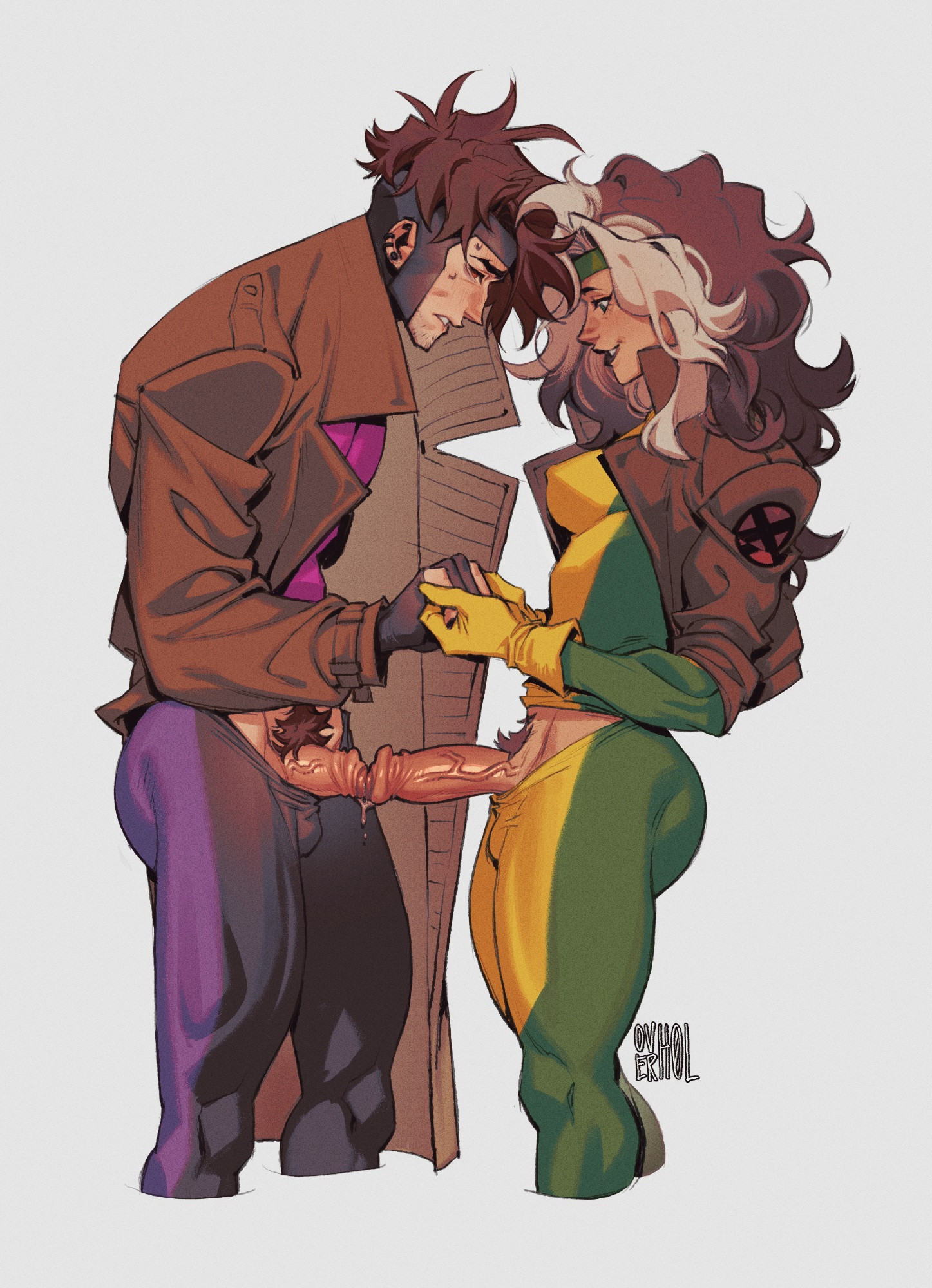 1boy, 1futa, clothed, clothing, dickgirl, futa is bigger, futa on male, futanari, gambit, human, intersex, light skin, male, male on futa, marvel, marvel comics, mostly clothed, mutant (marvel), mutant love, overh0l, penis, remy lebeau, rogue (x-men), trans woman, x-men