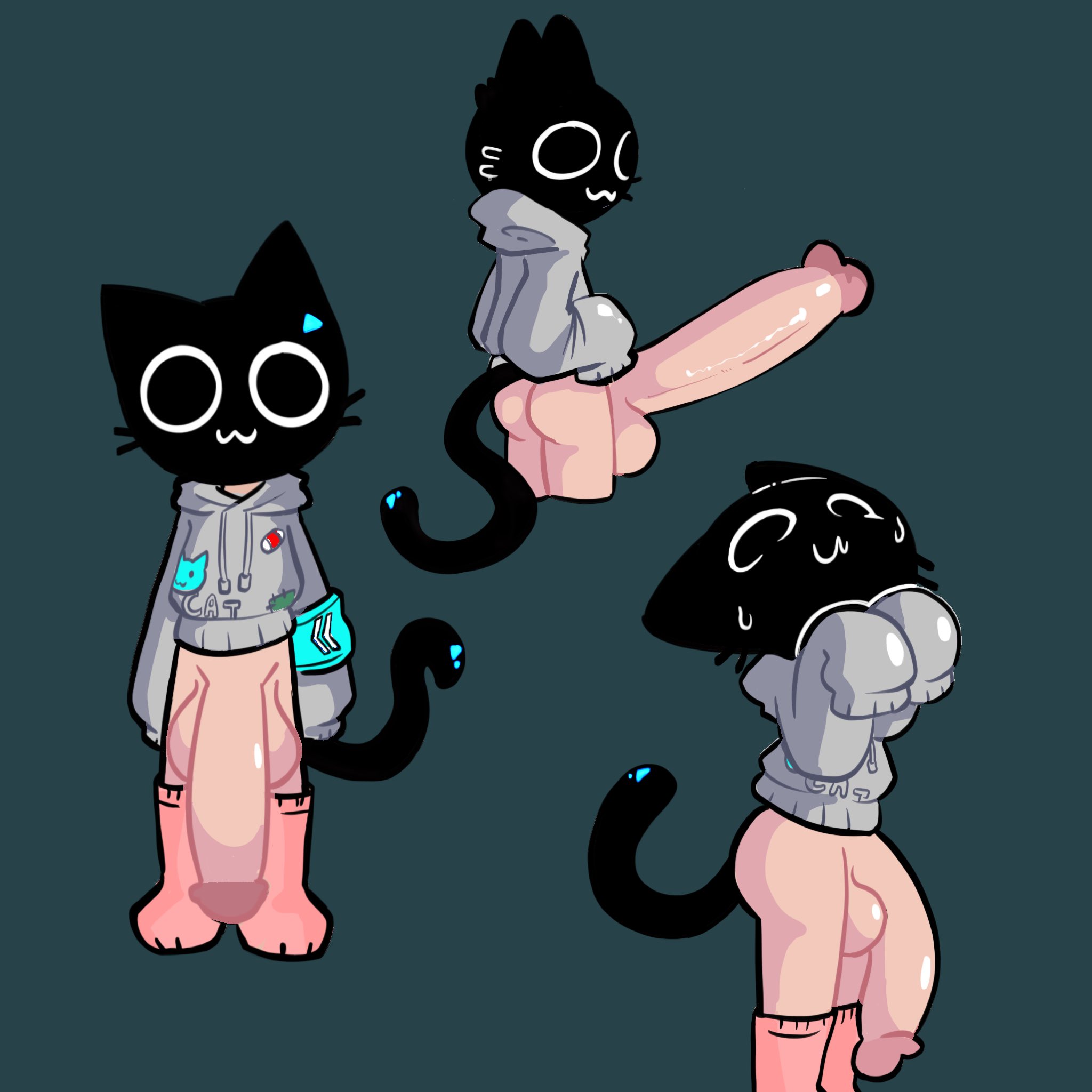 cat boy, cat ears, cat tail, f d e i a, hoodie, hyper cock femboy, hyper genitalia, hyper penis, male, massive cock, oeeo, penis, showing off, socks, sweat, unknown character