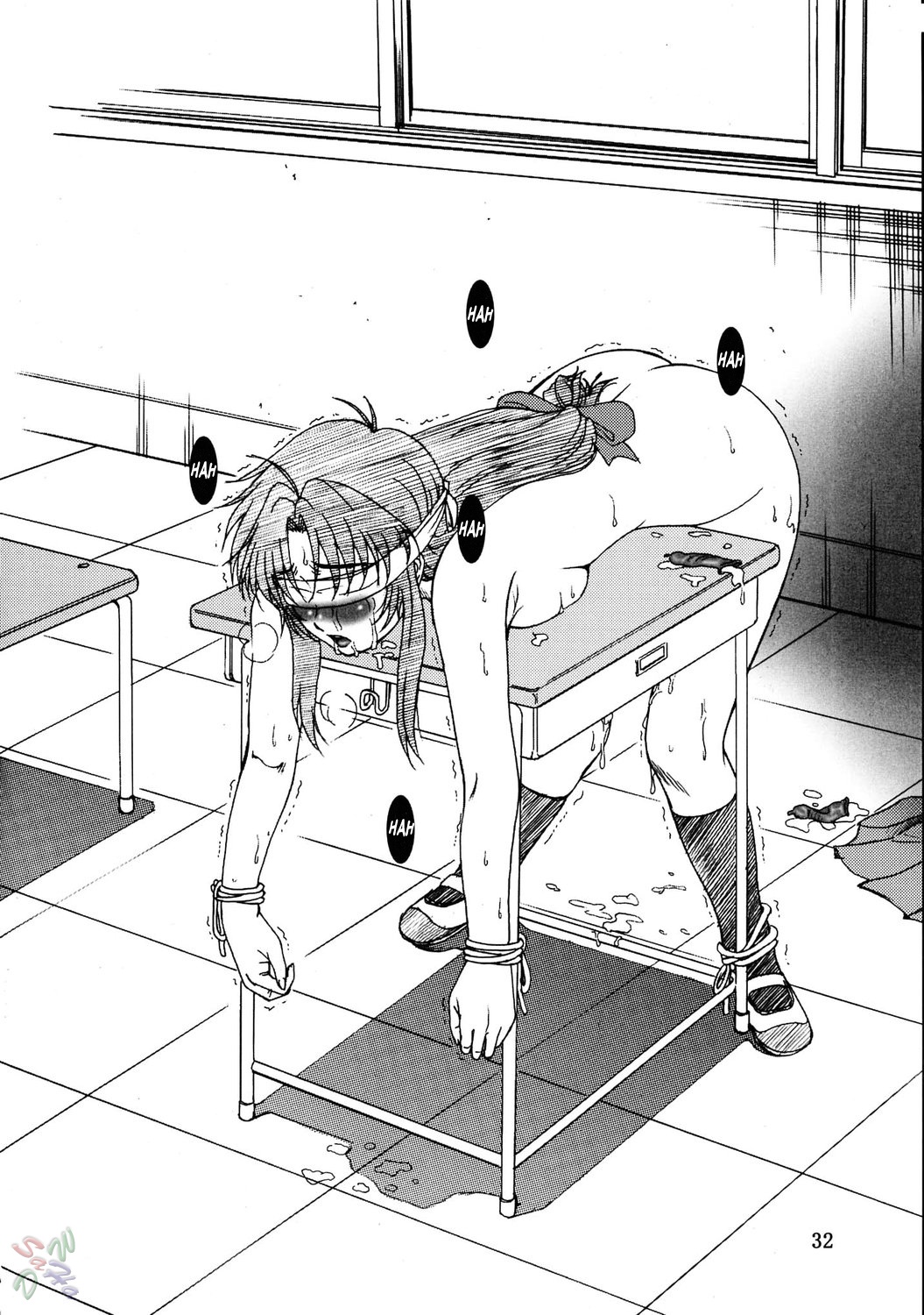 1girls after_rape bent_over bent_over_desk black_socks blindfold blush bondage bound_to_desk chidori chidori_kaname classroom condom cum desk desk_bondage doggy_style doujinshi femsub full_metal_panic hard_translated highres knee_socks kneehighs kneesocks long_hair medium_breasts misnon_the_great monochrome on_desk on_stomach ribbon ribbons rope scan school schoolgirl shoes socks_and_shoes solo translated used_condom uwabaki watermark