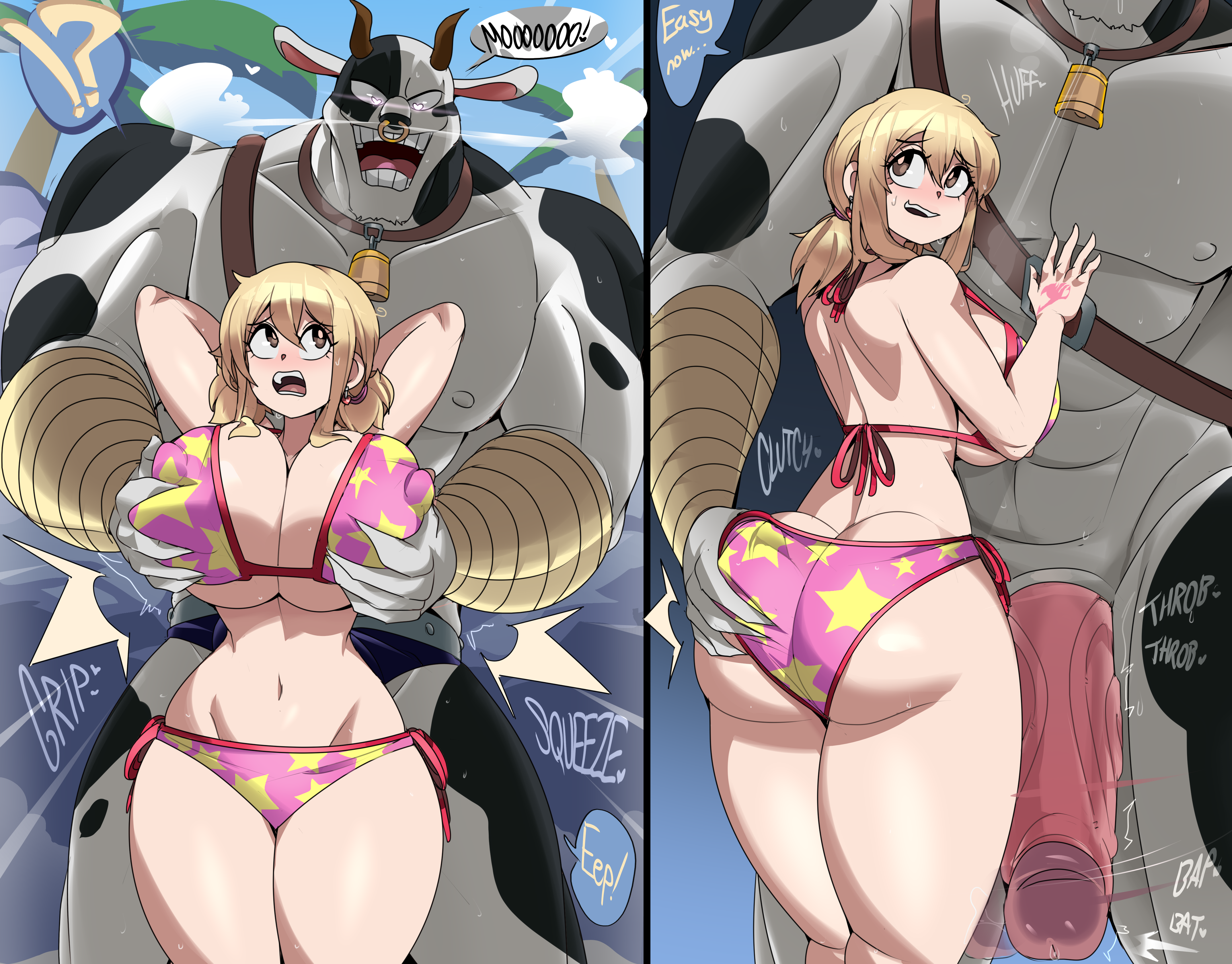 1boy, 1girls, anthro, arms up, ass, ass grab, big ass, big breasts, big penis, bikini, breast grab, breasts, bubble butt, busty, captain kirb, cowbell, fairy tail, fat ass, female, furry, gluteal fold, grabbing another's ass, groping, groping breasts, groping from behind, hand on another's ass, hand on ass, hands behind head, huge ass, huge breasts, human, large ass, large breasts, lucy heartfilia, male, muscular, muscular male, nipple bulge, nude, nude male, penis, png, questionable consent, size difference, swimsuit, taurus (fairy tail), thick ass, thick thighs, wide hips