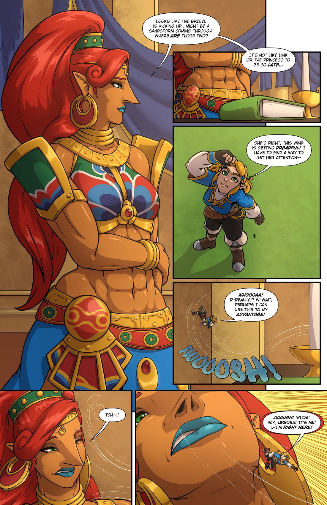 breath of the wild, comic, female, female prey, femdom, gerudo, giantess, hylian, jorabora, link, macro female, micro female, micro in nose, micro insertion, micro on macro, muscular, muscular female, nasal vore, princess zelda, the legend of zelda, unaware, unaware giantess, urbosa, vore, zelda (breath of the wild)