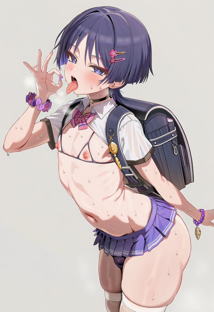 1boy, ai generated, backpack, belly, bikini top, blowjob face, blowjob gesture, bulge, erect nipples, femboy, genshin impact, light-skinned male, male, male only, miniskirt, otoko no ko, penis, scaramouche (genshin impact), solo, thick ass, thick thighs, thighhighs, tongue out, wanderer (genshin impact), wide ass