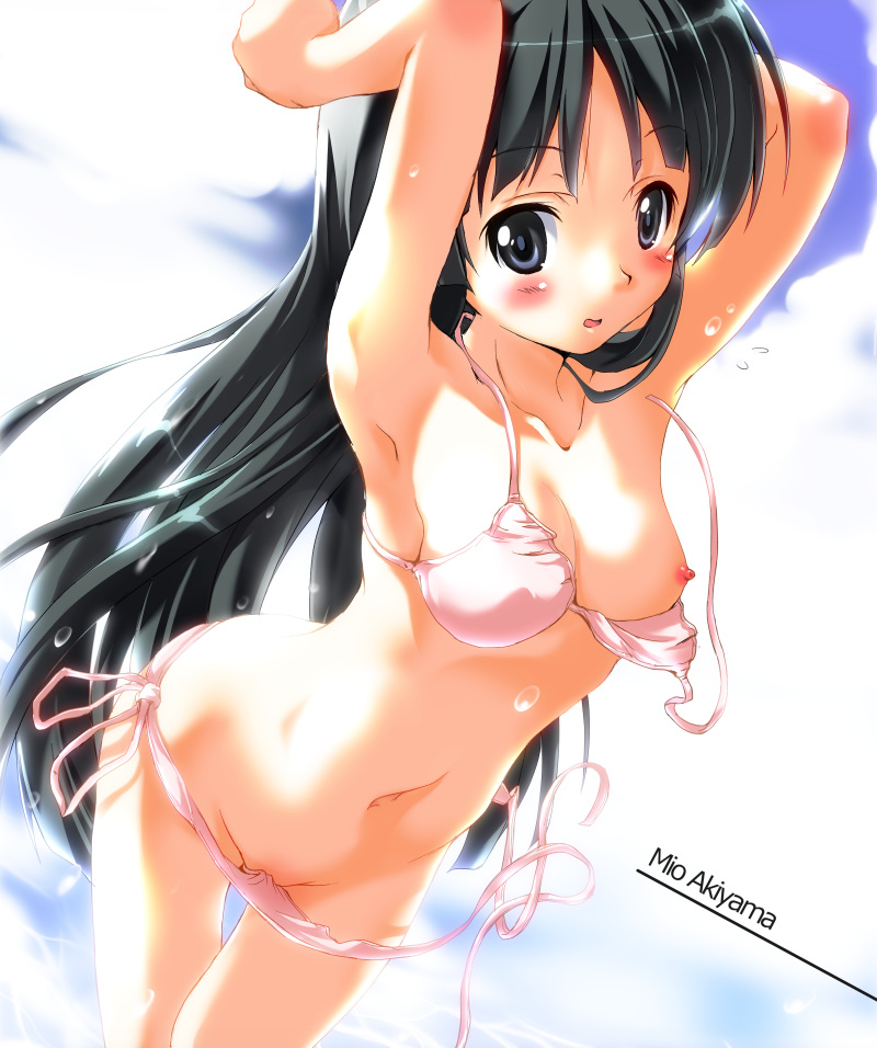 armpits arms_up bangs bikini black_eyes black_hair blunt_bangs breasts female female_only hime_cut human human_only k-on! long_hair mio_akiyama_(k-on!) navel nekogoro nipple_slip nipples side-tie_bikini solo swimsuit wardrobe_malfunction wet