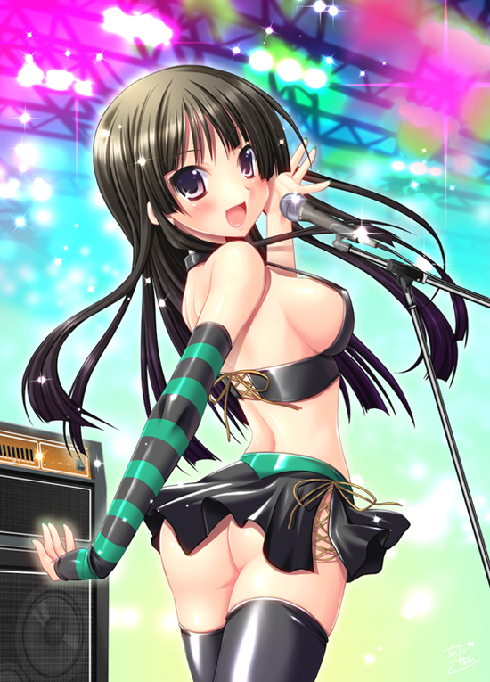 alto_seneka ass black_hair black_legwear black_thighhighs blush breasts female female_only from_behind human human_only idol k-on! long_hair looking_back microphone midriff mio_akiyama_(k-on!) no_panties pink_eyes sideboob skirt solo striped thighhighs