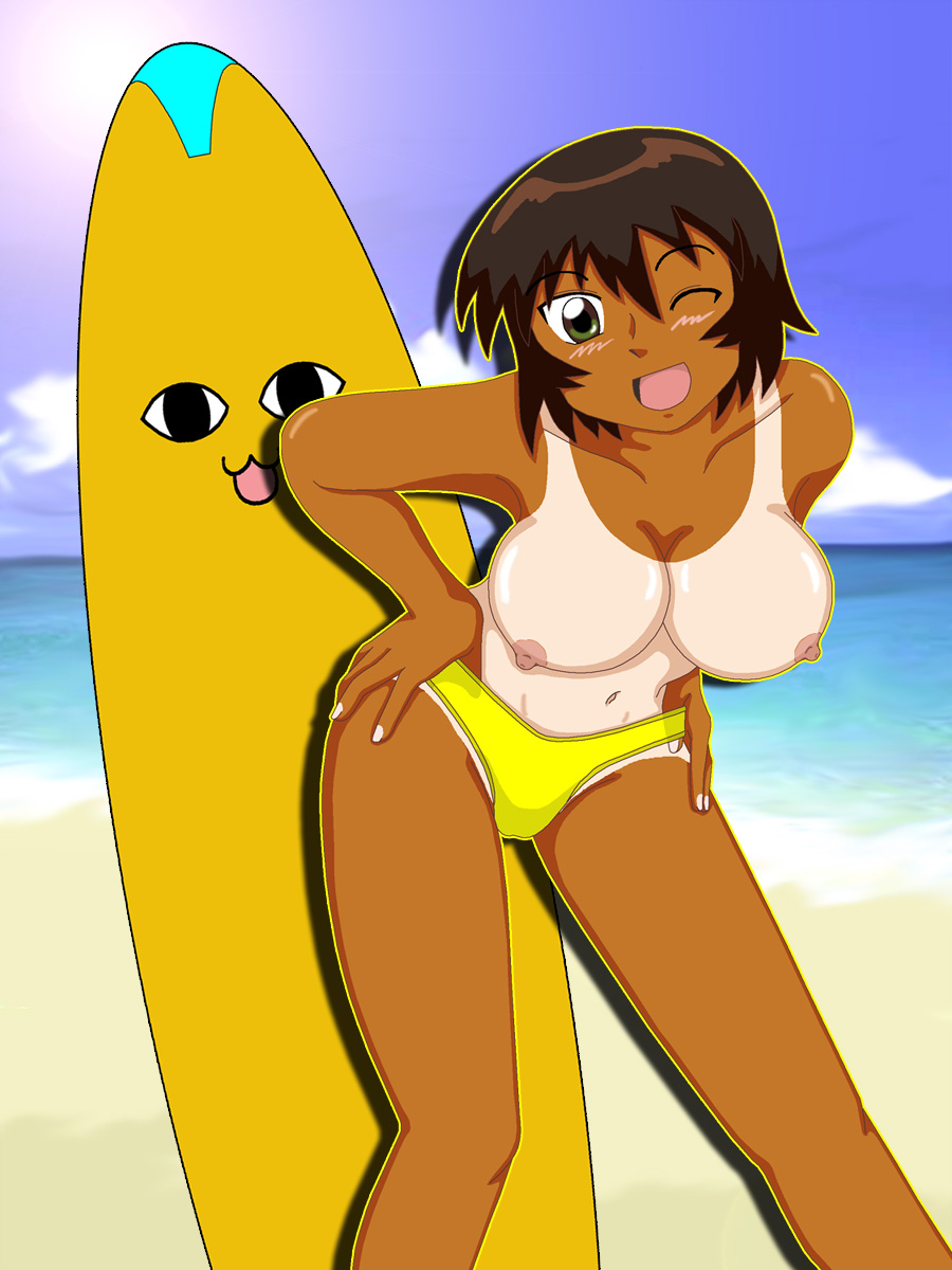 azumanga_daiou beach bikini blush breasts brown_hair chiyo-dad female female_only highres human kagura_(azumanga_daiou) large_breasts navel nipples smile solo swimsuit tan_lines tanline topless wink