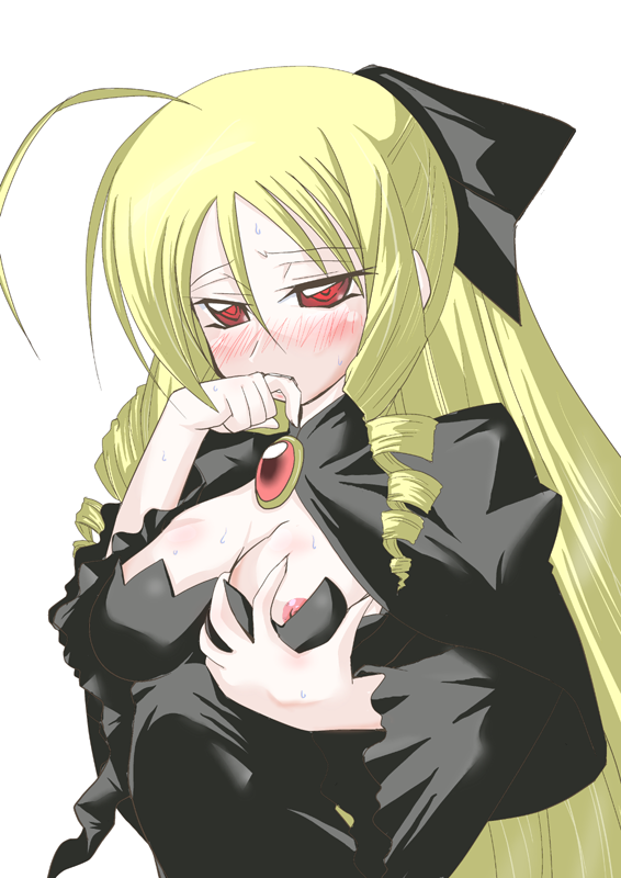 athena_tennos black_dress blonde_hair blush bow breast_grab breasts brooch cleavage dress drill_hair hairbow hayate_no_gotoku! ikebata_homura jewelry long_hair nipples red_eyes tennousu_athena tennousu_athene tenoushuu_athena