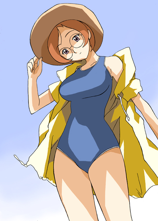 1girls breasts curvaceous female glasses hat human large_breasts light-skinned_female light_skin ojamajo_doremi orange_hair school_nurse short_hair solo swimsuit tagme wide_hips yuki-sensei