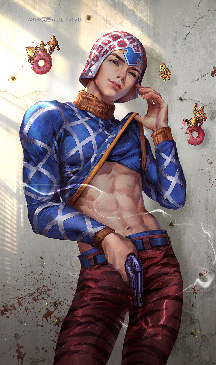 1boy abs cdash817 clothed clothing guido_mista gun jojo's_bizarre_adventure male_only muscular muscular_male sex_pistols shirt_lift solo_male stand_(jjba) toned toned_male vento_aureo