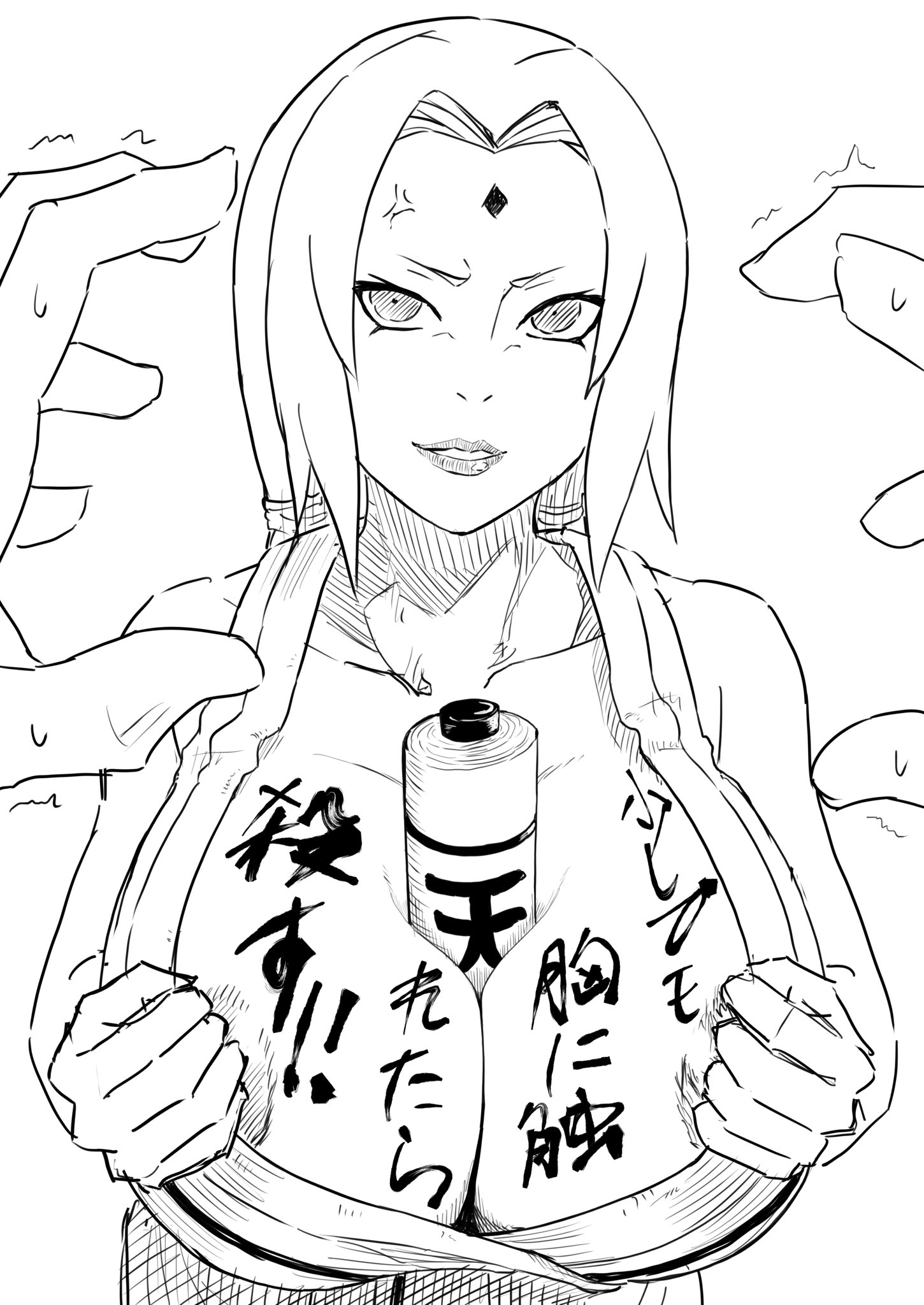 1boy, 1girls, areola slip, areolae, big breasts, body writing, breasts, cleavage, collarbone, faceless male, facial mark, favorite, female, forehead mark, hands, huge breasts, iwao178, lipstick, long hair, looking at viewer, makeup, male, male pov, monochrome, naruto, naruto (series), naruto shippuden, no color, object between breasts, pov, pov eye contact, scroll, smile, sweat, sweatdrop, teasing, trembling, tsunade, upper body