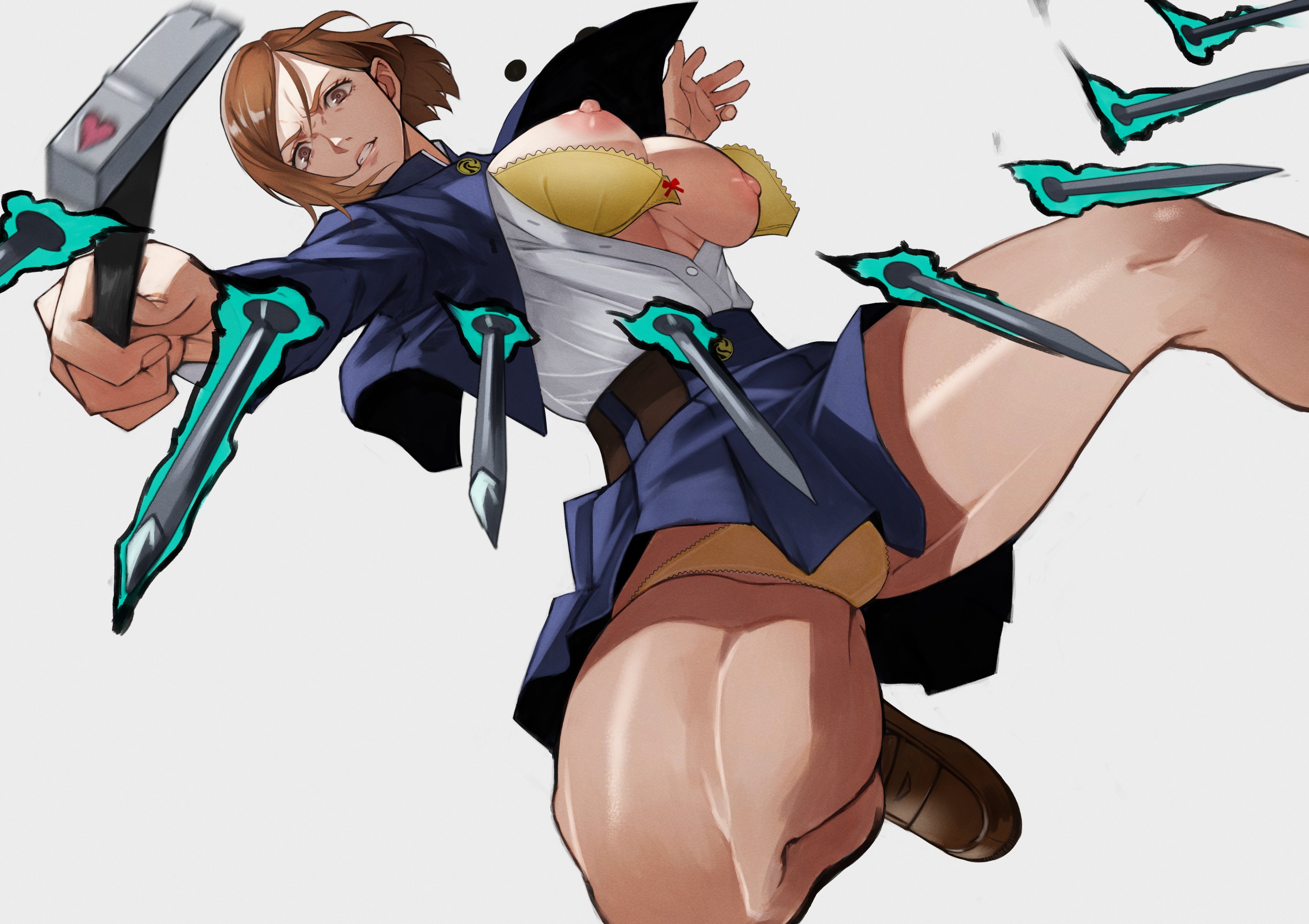 1girls, angry face, attack, bra, breast slip, breasts, breasts out, brown hair, brown-haired female, female, female only, hammer, jujutsu kaisen, kugisaki nobara, medium breasts, muscular, muscular thighs, nipple slip, panties, picot trim, picot trim bra, picot trim panties, short hair, thick thighs, torn bra, upskirt, wide hips, wide thighs, yellow bra, yellow panties, yoshi55level