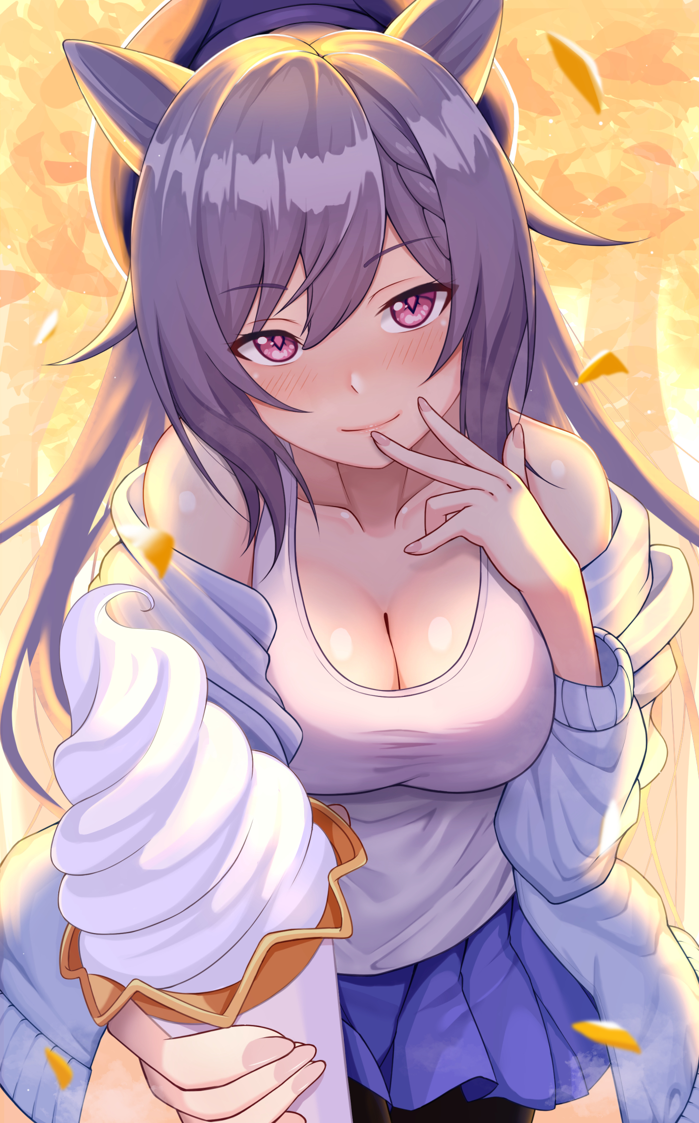 1girls, alternate costume, barefoot, bedroom eyes, blush, breasts, cleavage, clothing, date, female, genshin impact, hi res, ice cream, keqing (genshin impact), large breasts, looking at viewer, open clothes, pantyhose, pov, purple eyes, purple hair, seductive smile, skirt, smile, tank top, twintails