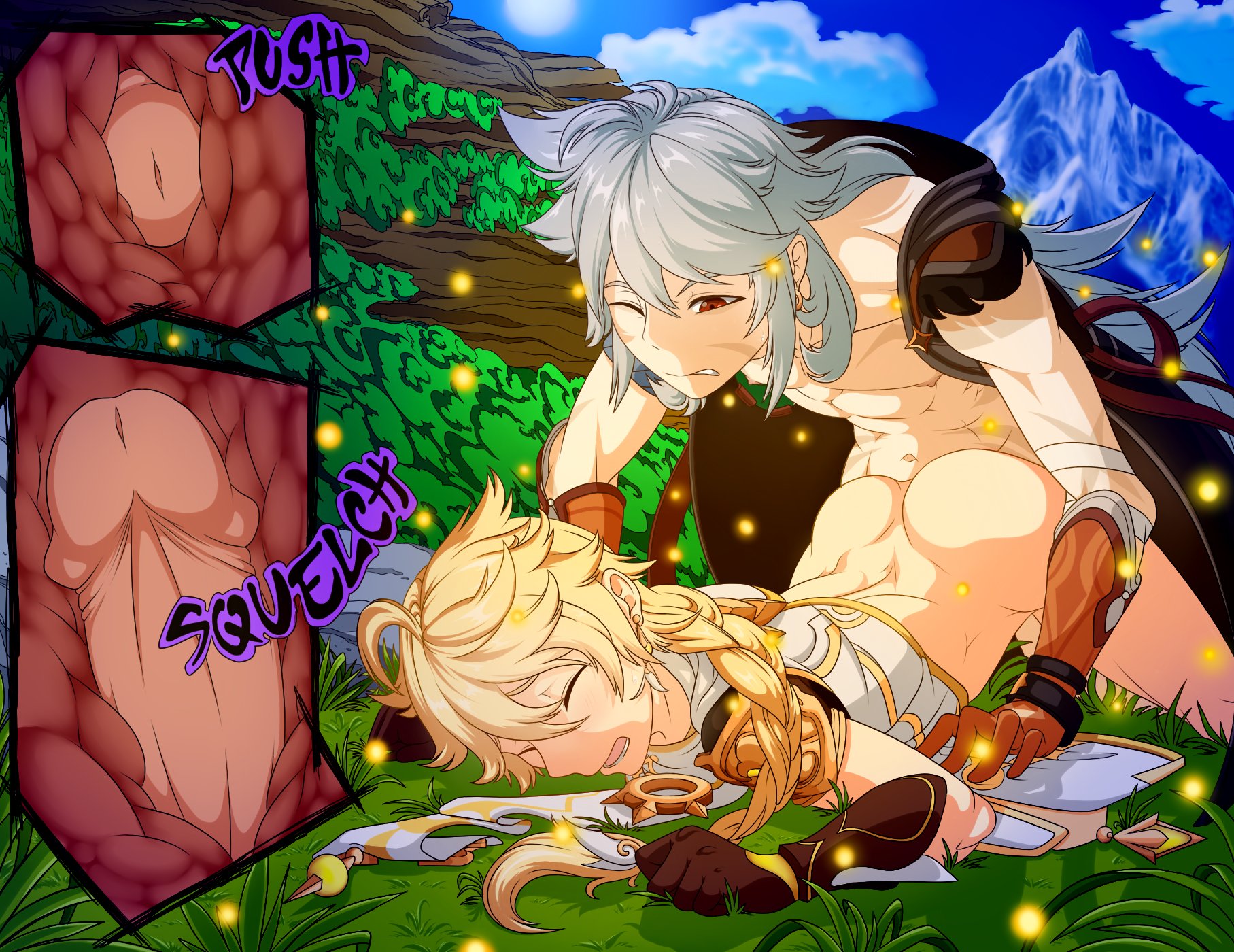 2boys, aether (genshin impact), anal, anal sex, ass, ass up, blonde hair, face down ass up, fiercefang, gay, genshin impact, male, male only, razor (genshin impact), top-down bottom-up, wince, x-ray, yaoi